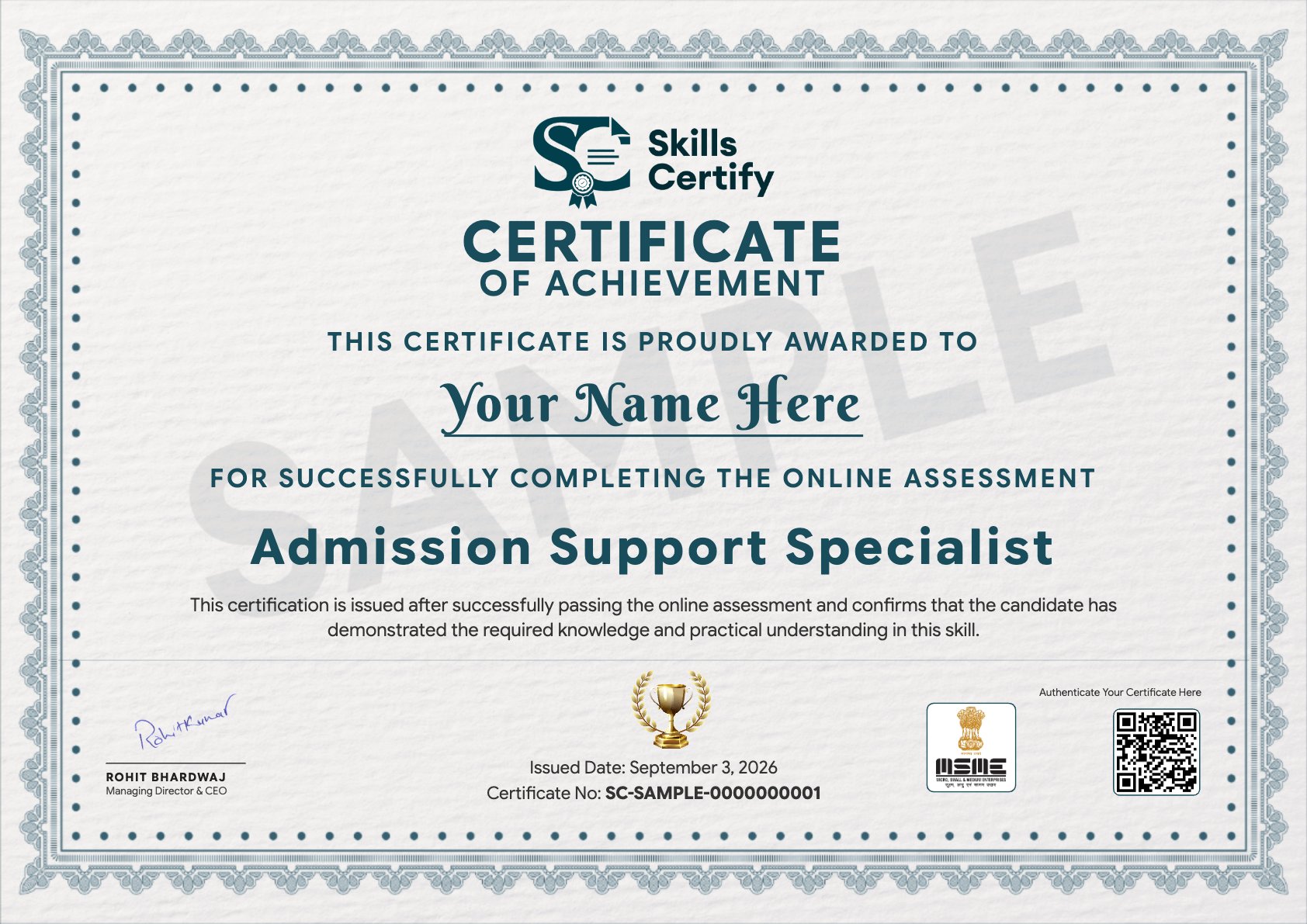 Admission Support Specialist Certificate Sample