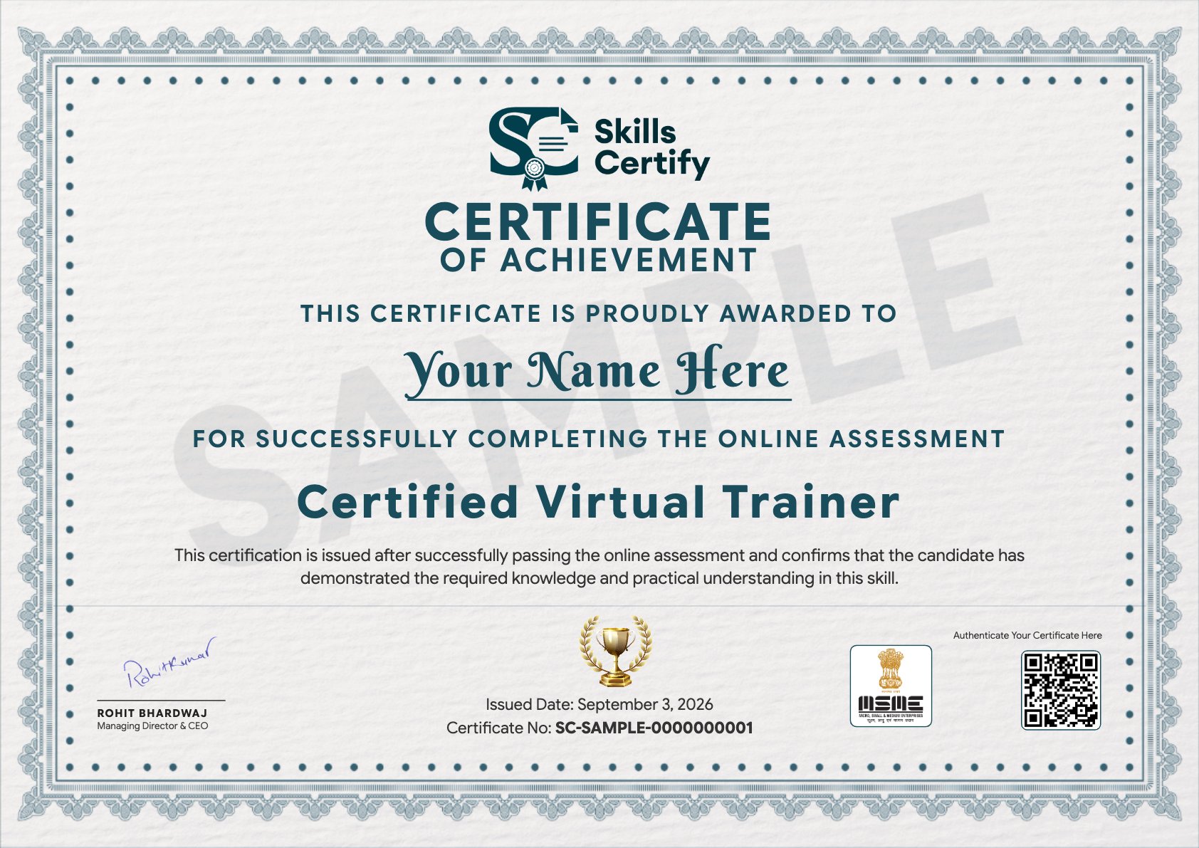 Certified Virtual Trainer Certificate Sample