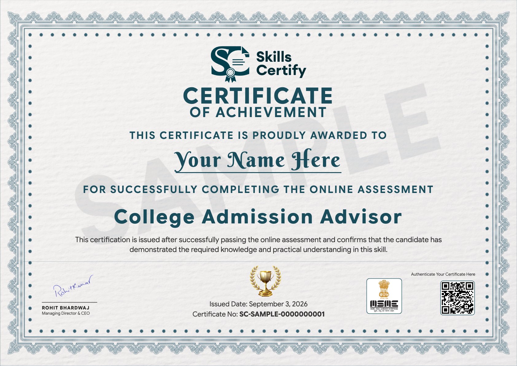 College Admission Advisor Certificate Sample