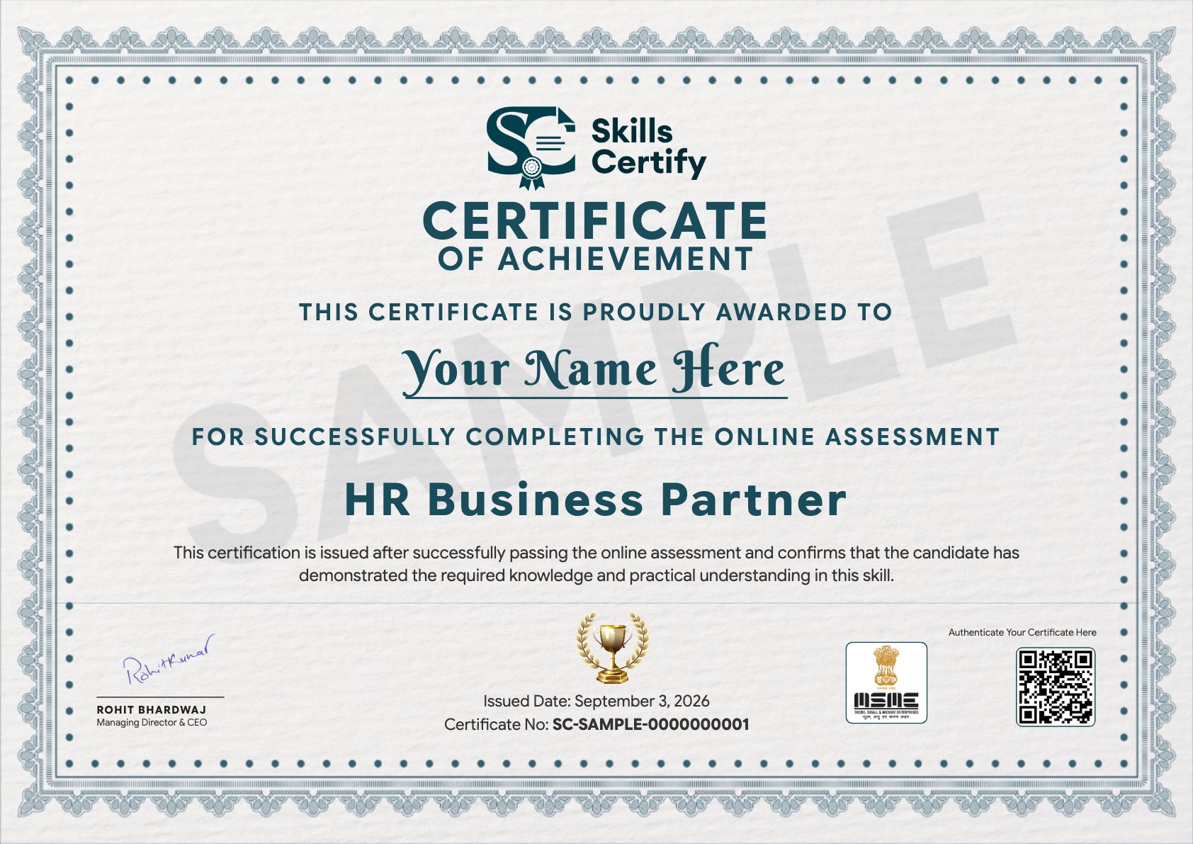 HR Business Partner Certificate Sample
