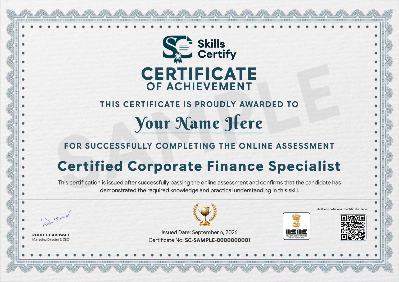 Certified Corporate Finance Specialist Certificate Sample