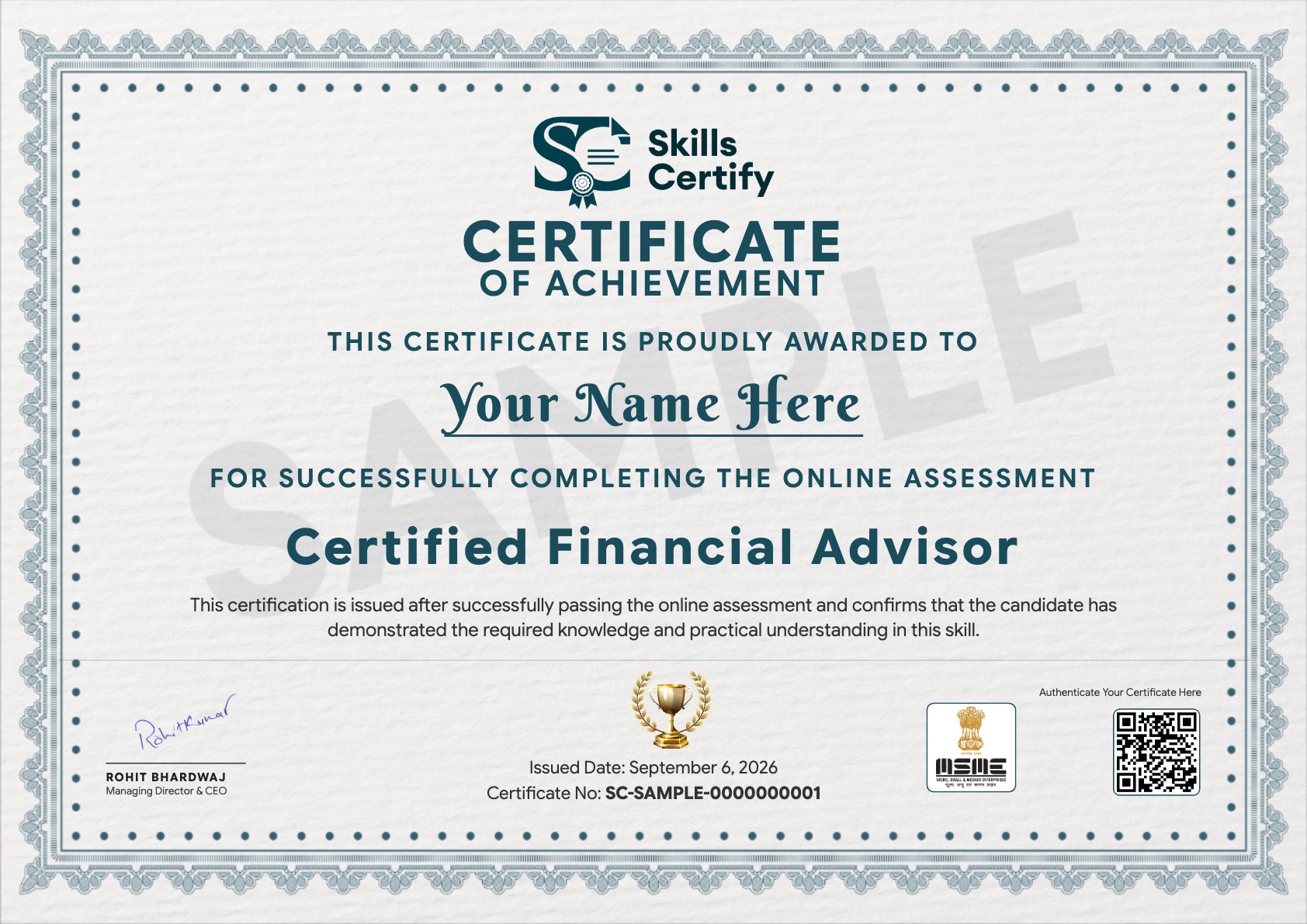 Certified Financial Advisor Certificate Sample