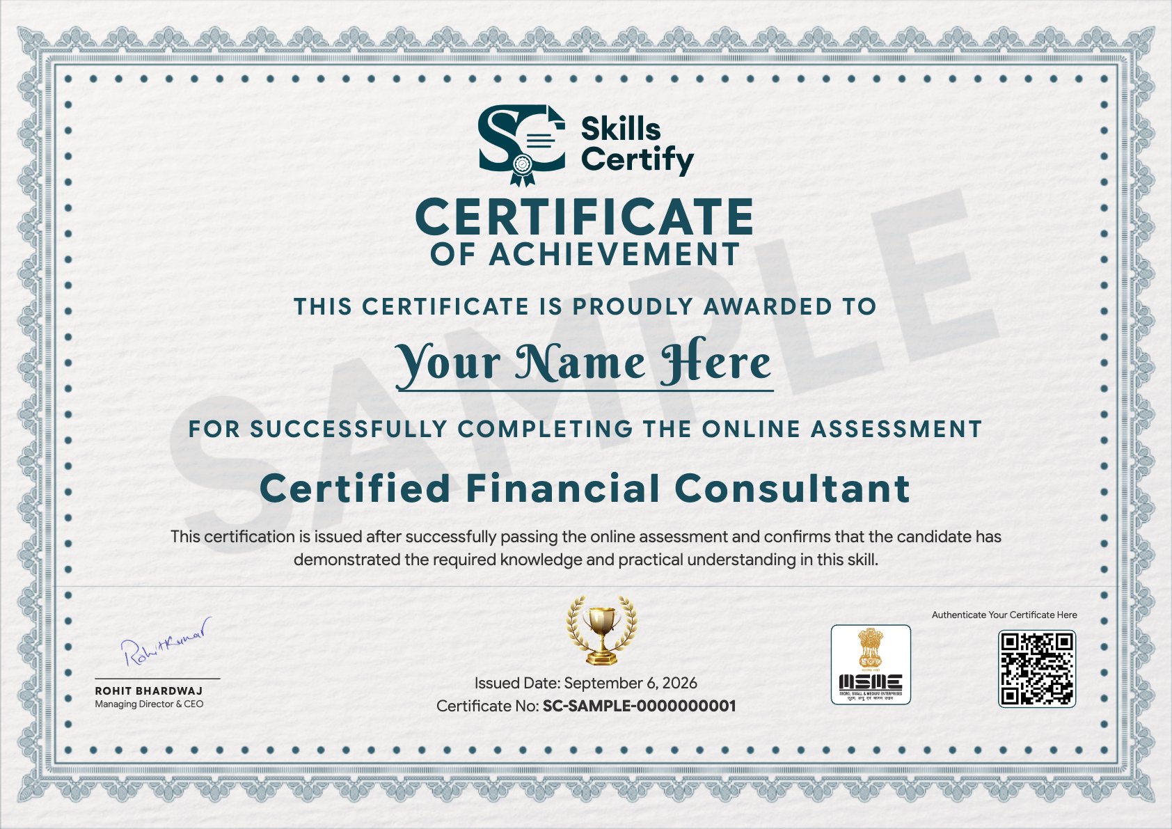 Certified Financial Consultant Certificate Sample