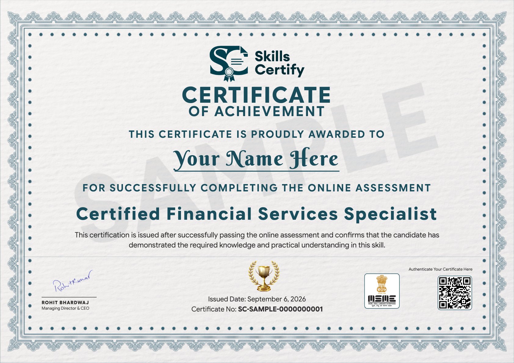 Certified Financial Services Specialist Certificate Sample