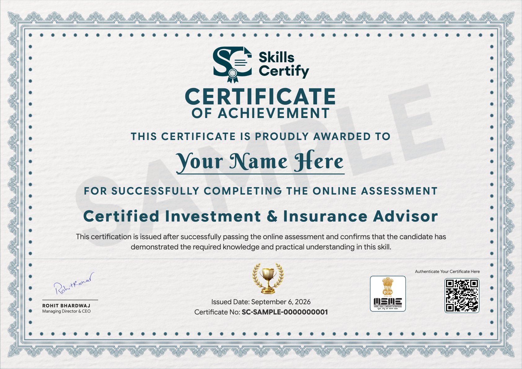 Certified Investment & Insurance Advisor Certificate Sample