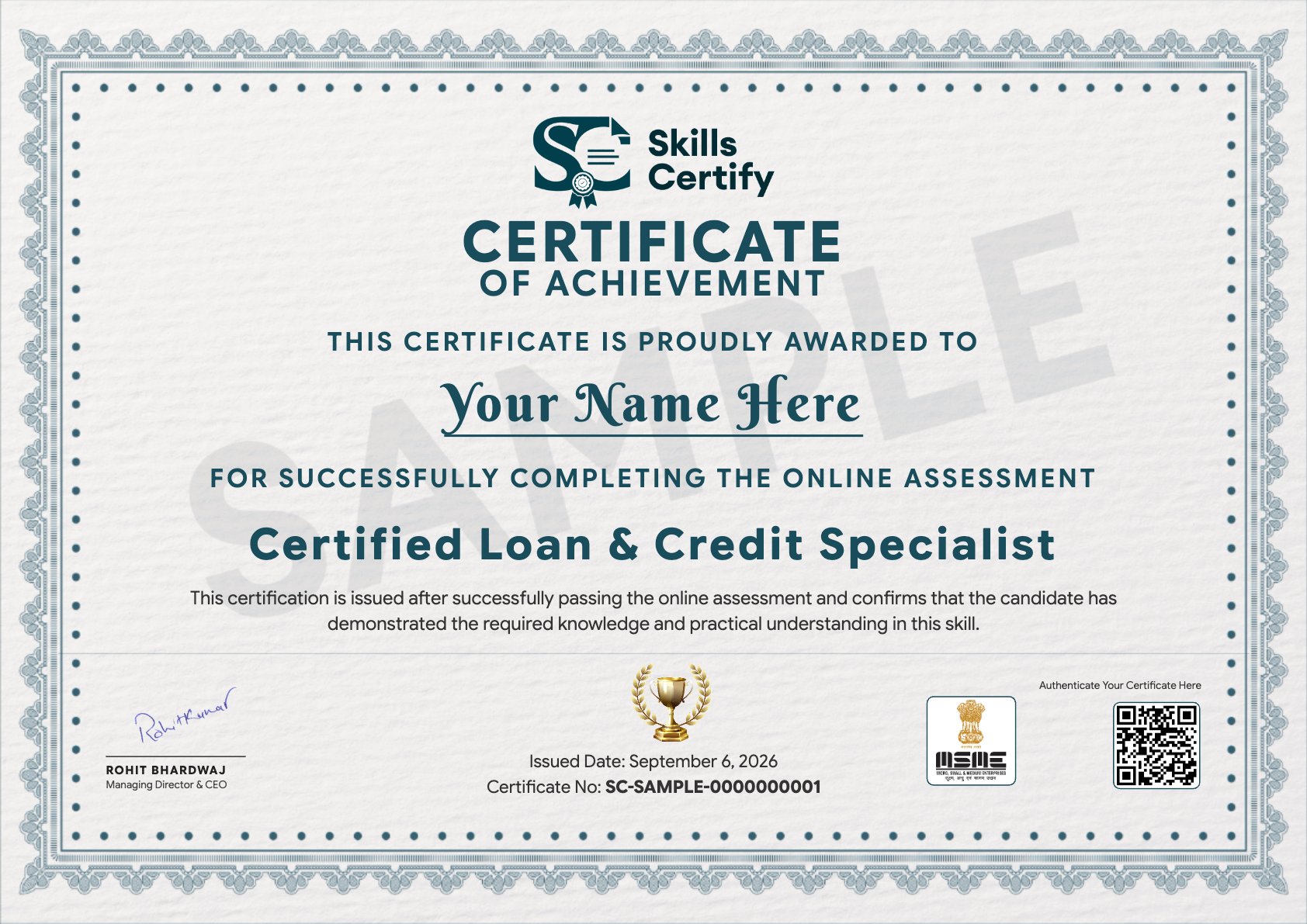 Certified Loan & Credit Specialist Certificate Sample