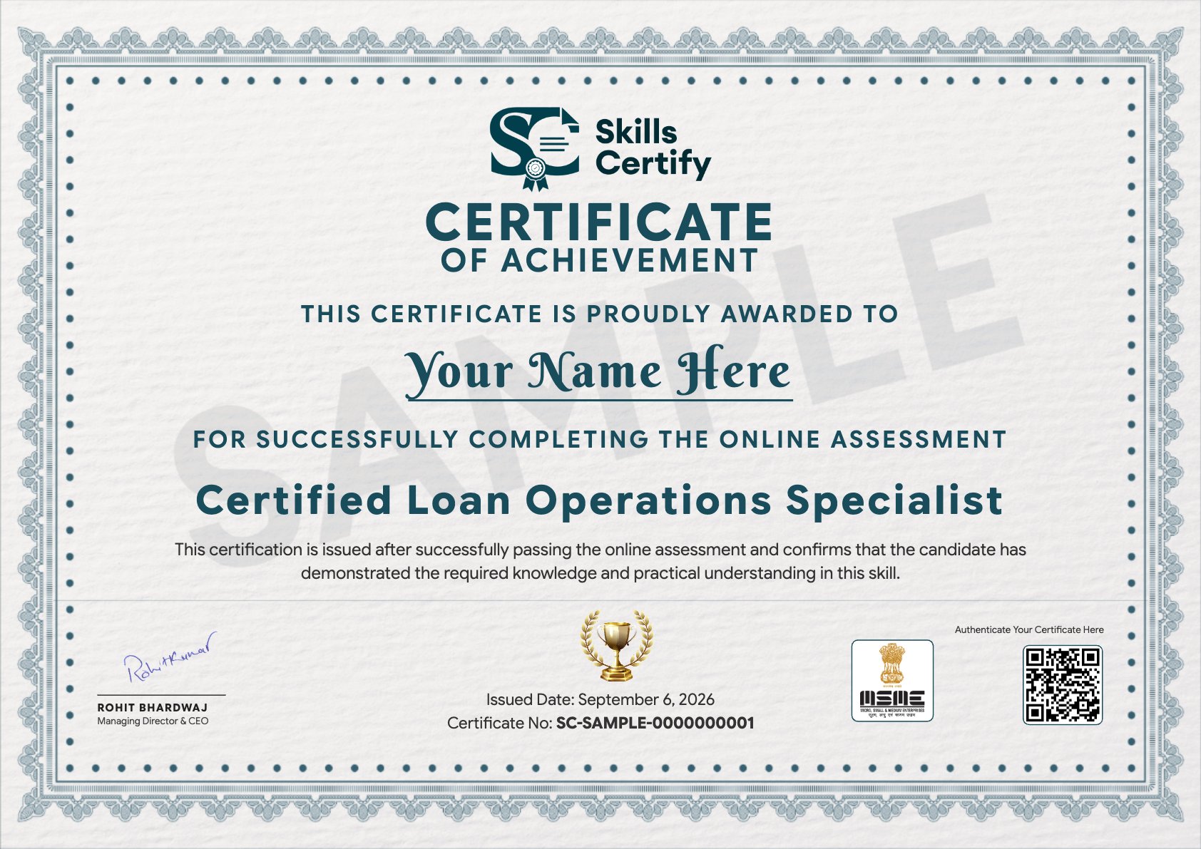 Certified Loan Operations Specialist Certificate Sample