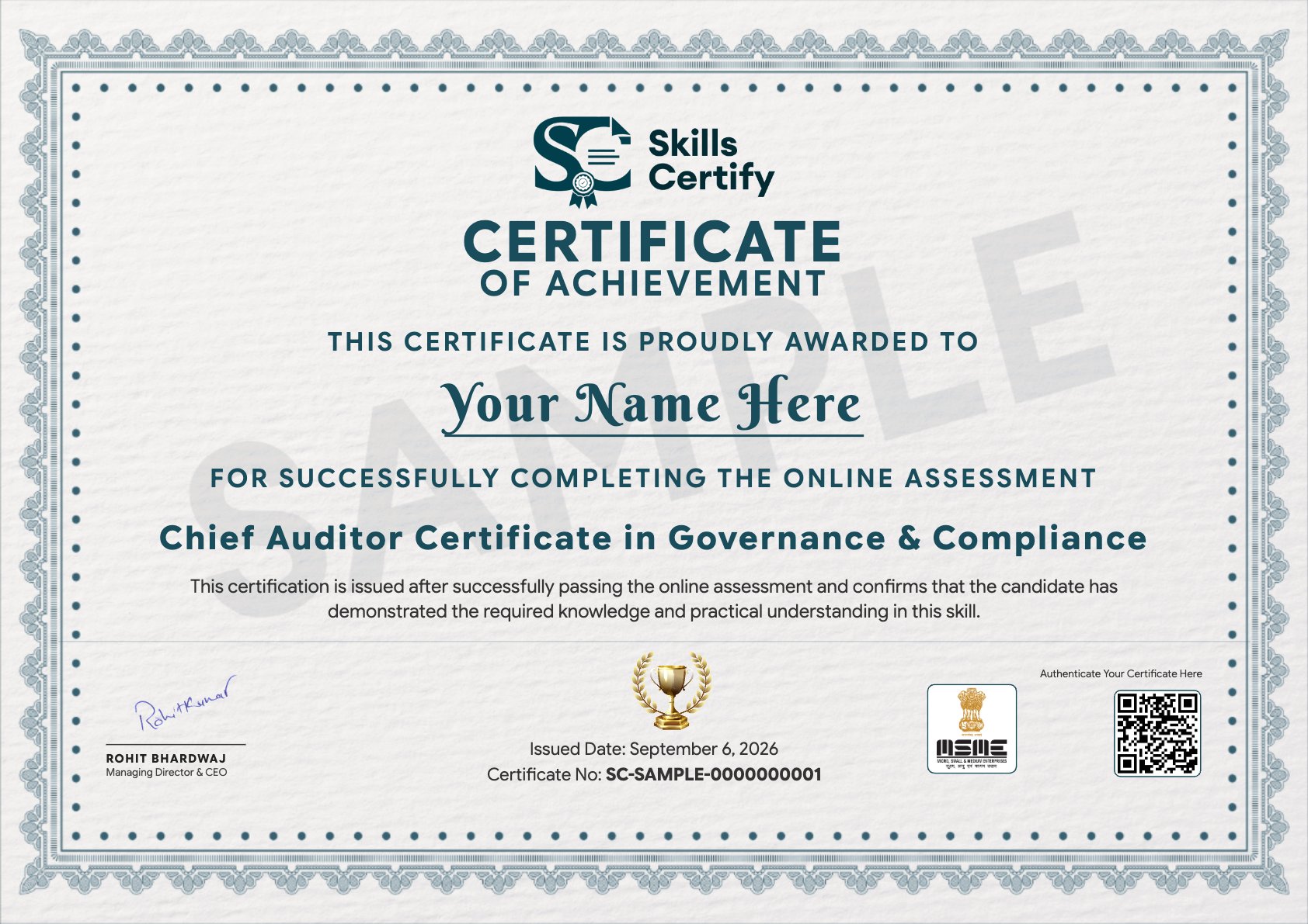 Chief Auditor Certificate in Governance & Compliance Certificate Sample