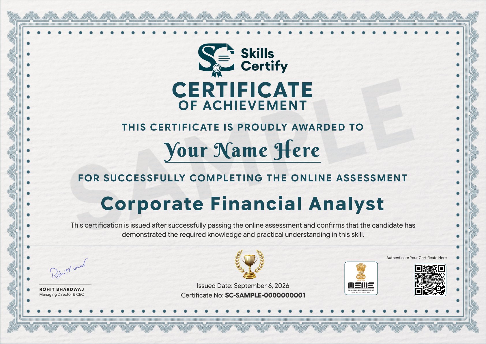 Corporate Financial Analyst Certificate Sample