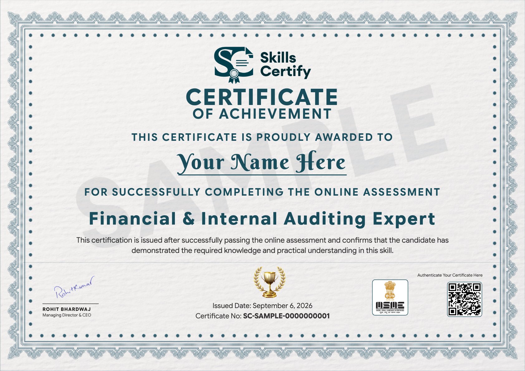 Financial & Internal Auditing Expert Certificate Sample
