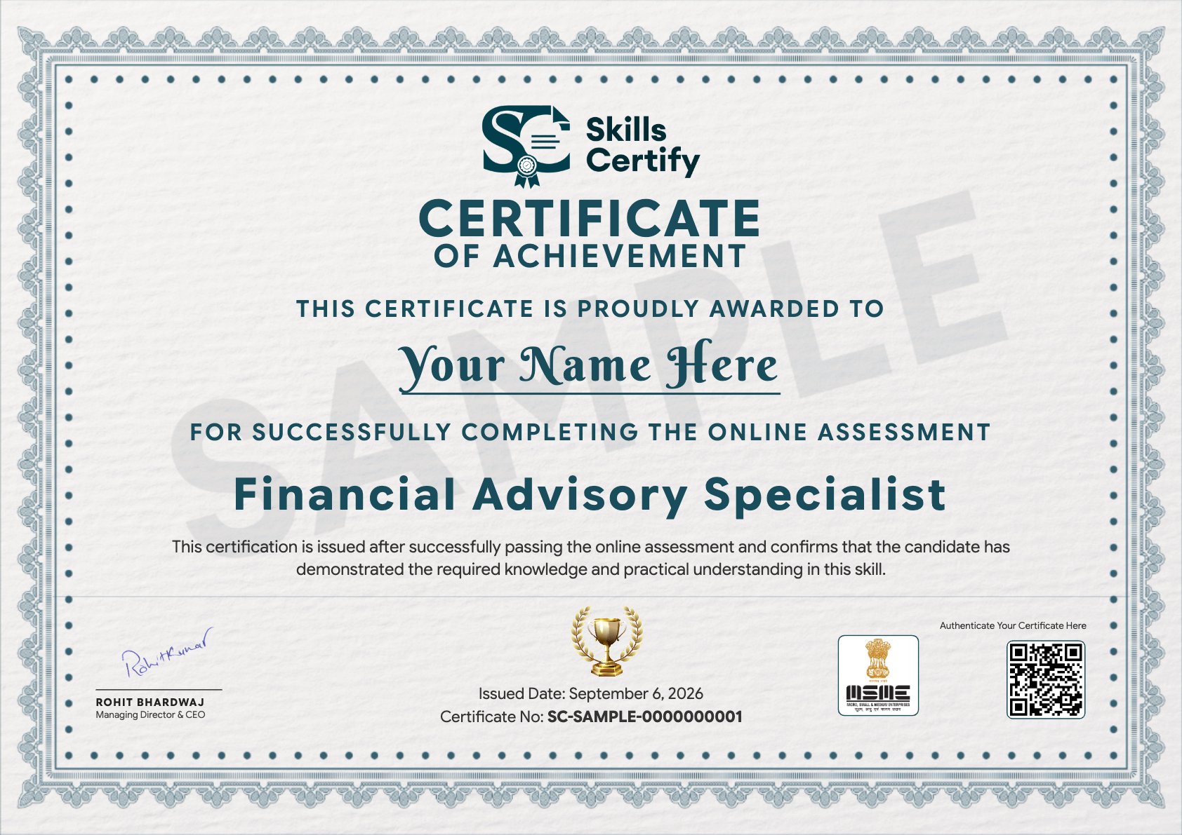 Financial Advisory Specialist Certificate Sample