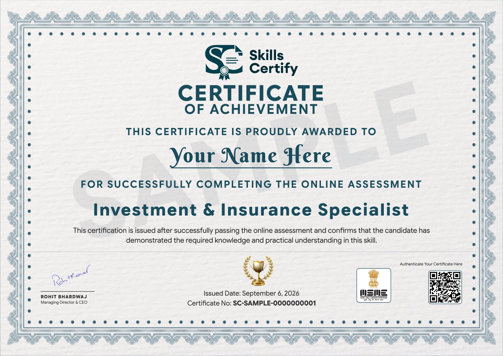 Investment & Insurance Specialist Certificate Sample