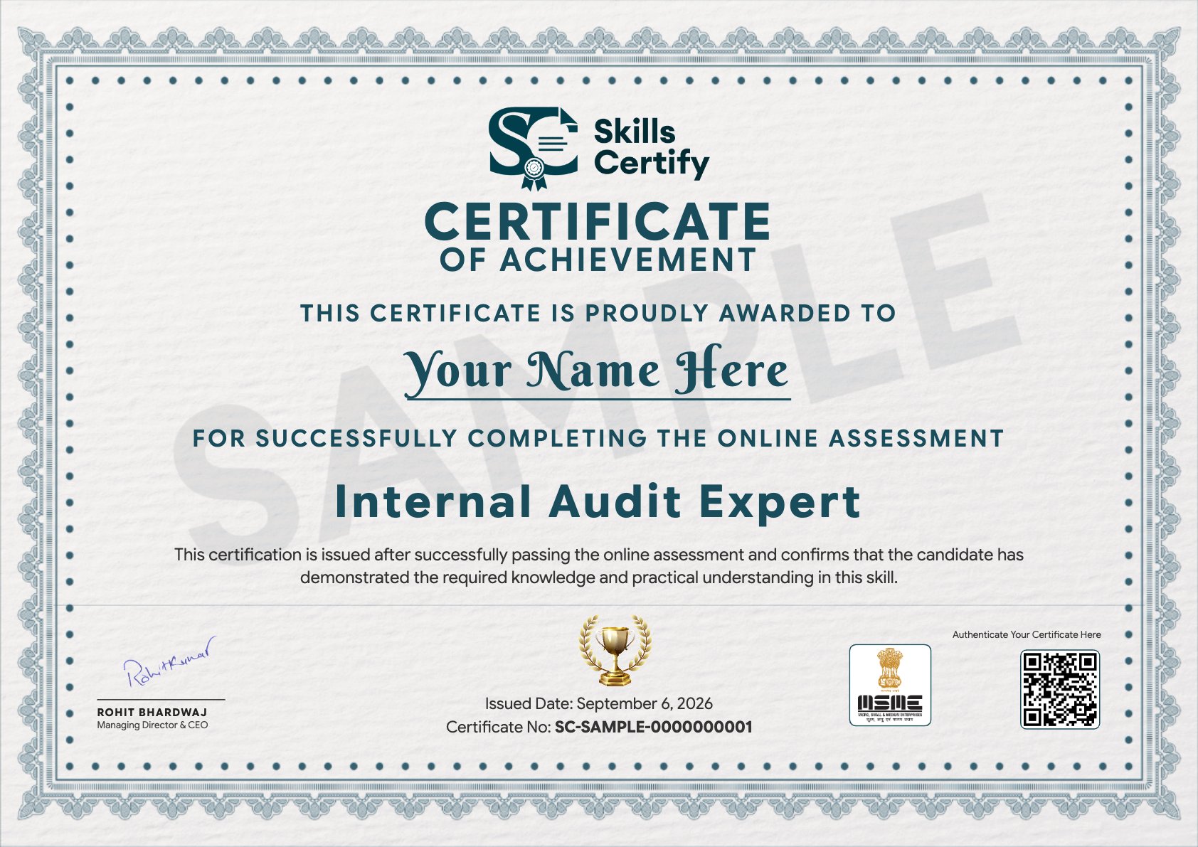 Internal Audit Expert Certificate Sample