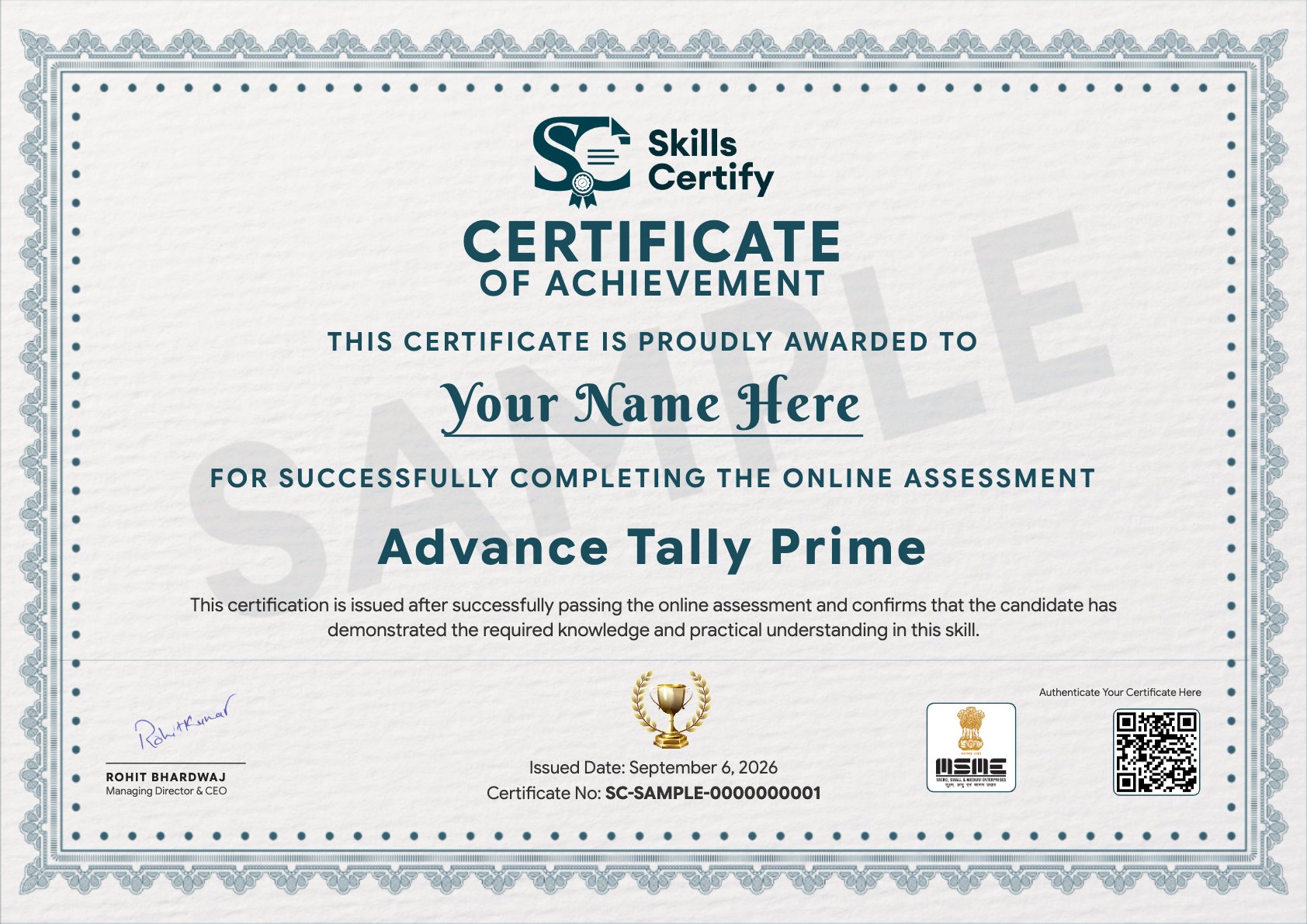 Advance Tally Prime Certificate Sample