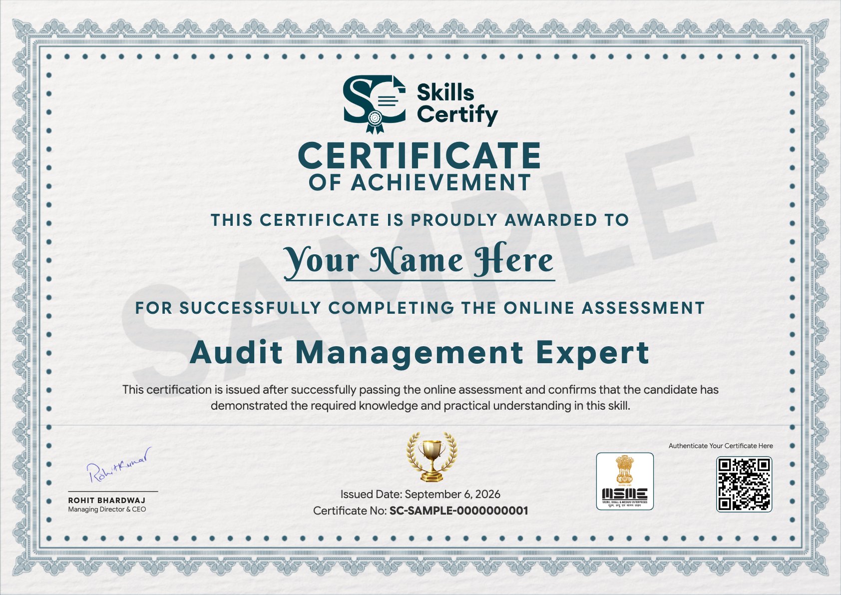 Audit Management Expert Certificate Sample