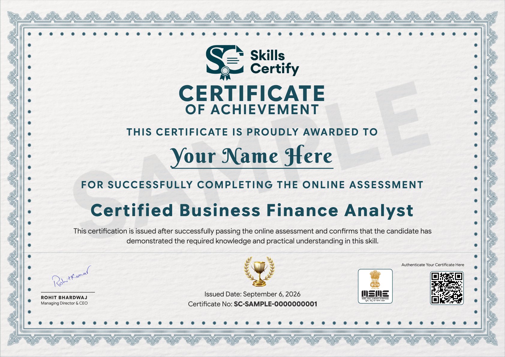 Certified Business Finance Analyst Certificate Sample