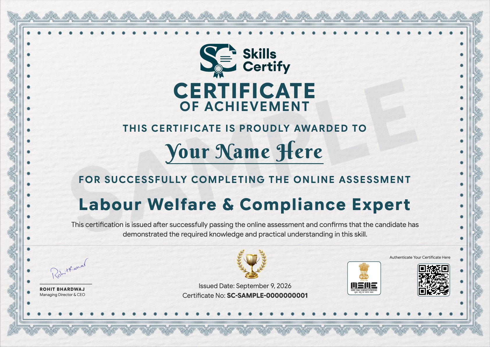 Labour Welfare & Compliance Expert Certificate Sample