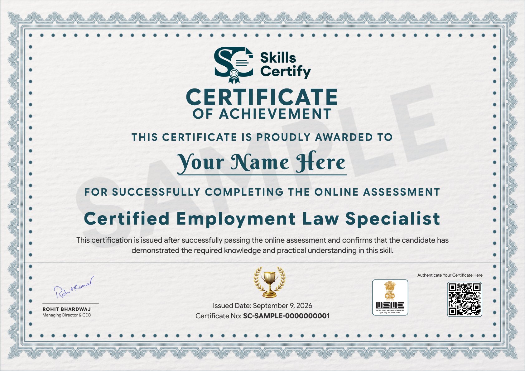 Certified Employment Law Specialist Certificate Sample
