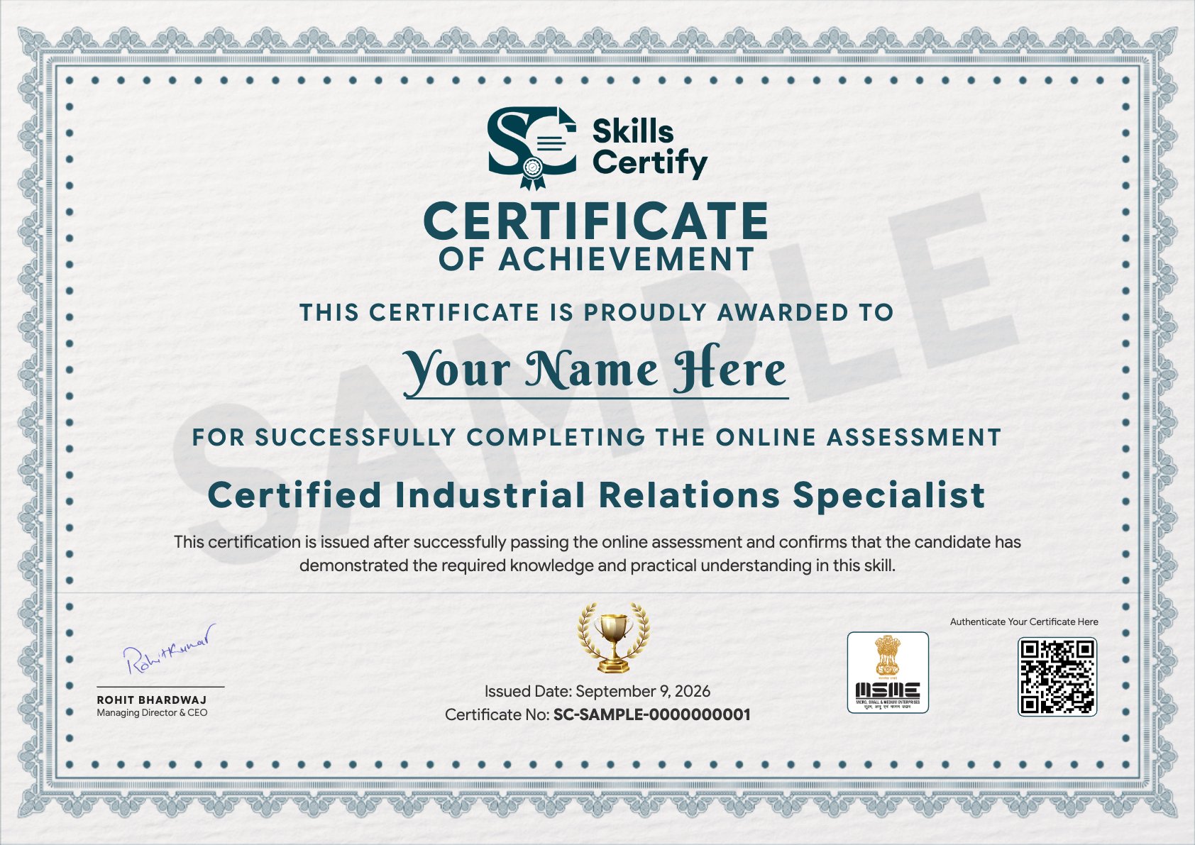 Certified Industrial Relations Specialist Certificate Sample