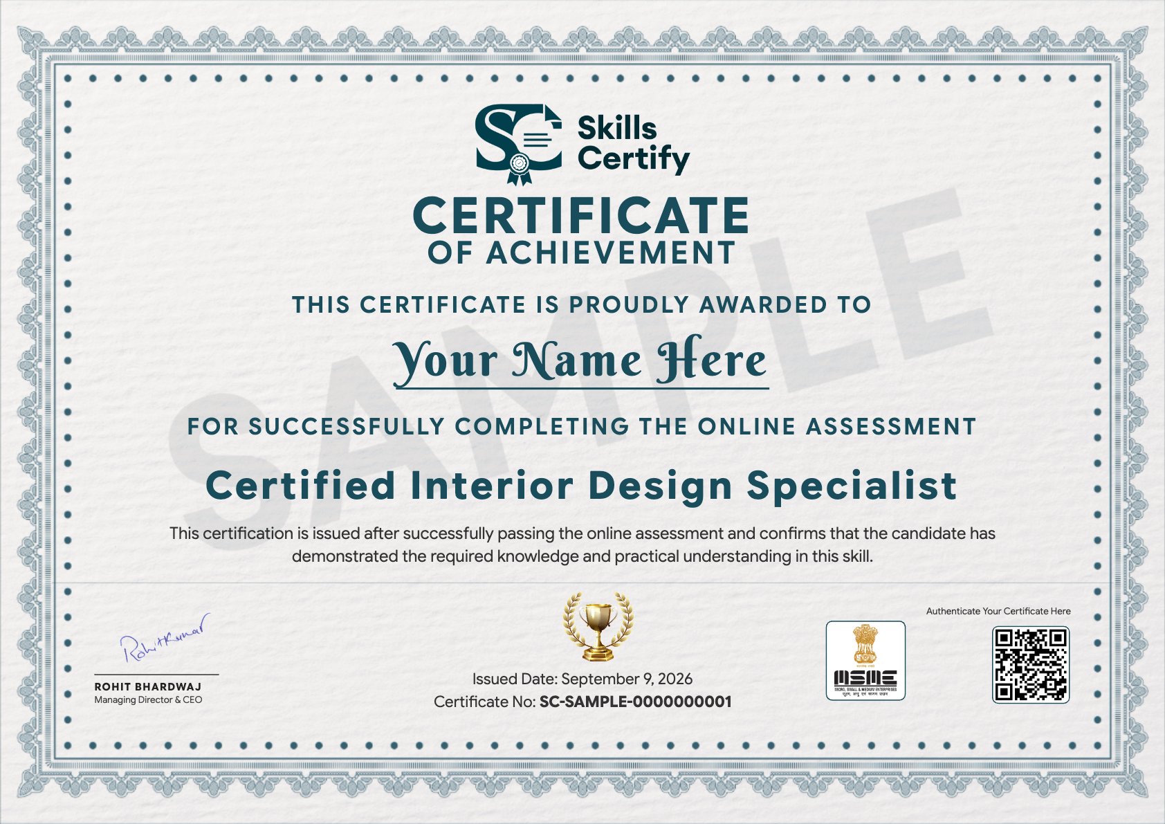 Certified Interior Design Specialist Certificate Sample