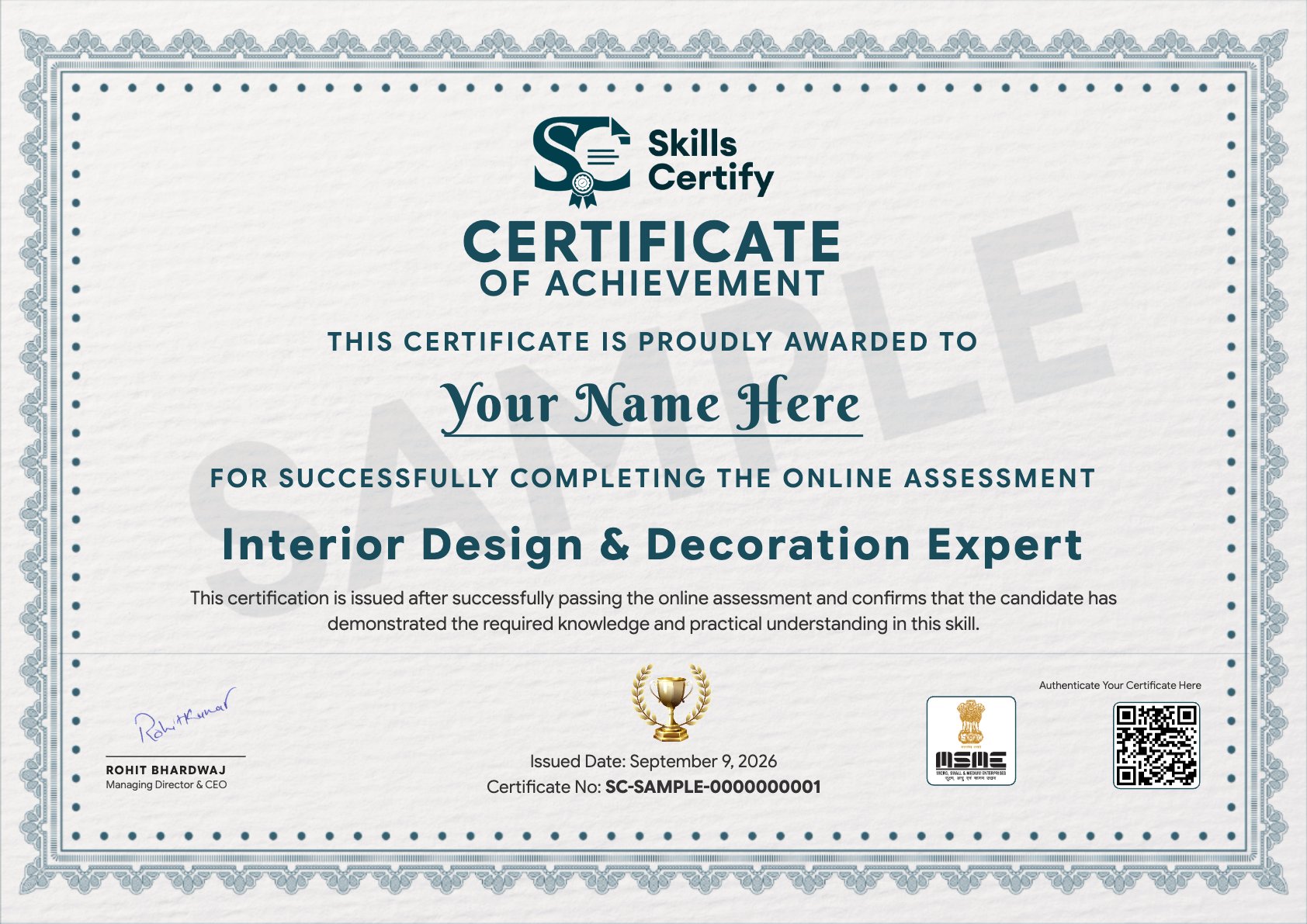 Interior Design & Decoration Expert Certificate Sample