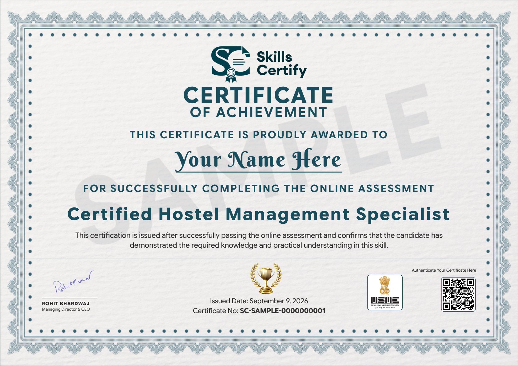 Certified Hostel Management Specialist Certificate Sample