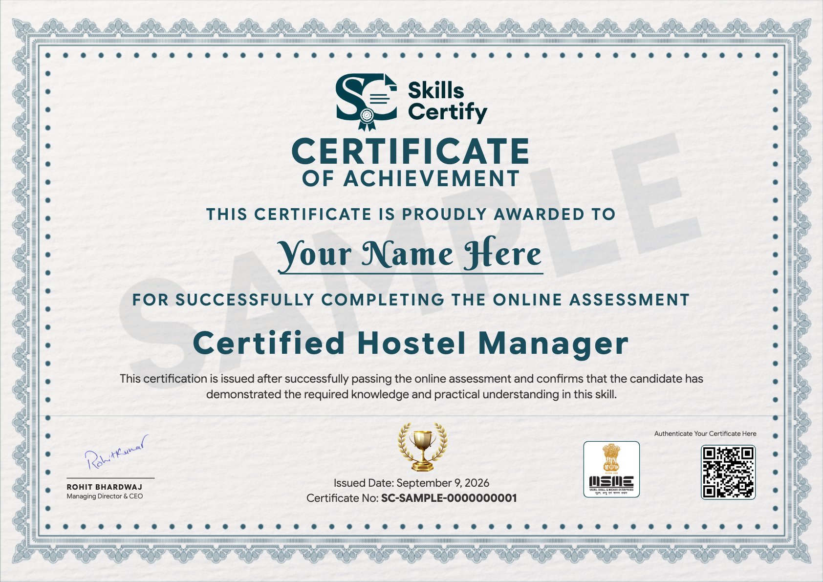 Certified Hostel Manager Certificate Sample