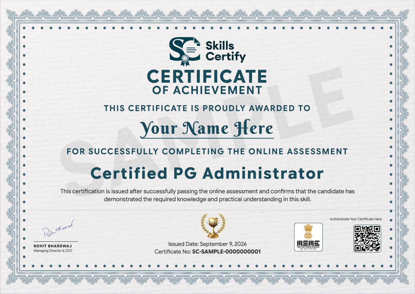 Certified PG Administrator Certificate Sample