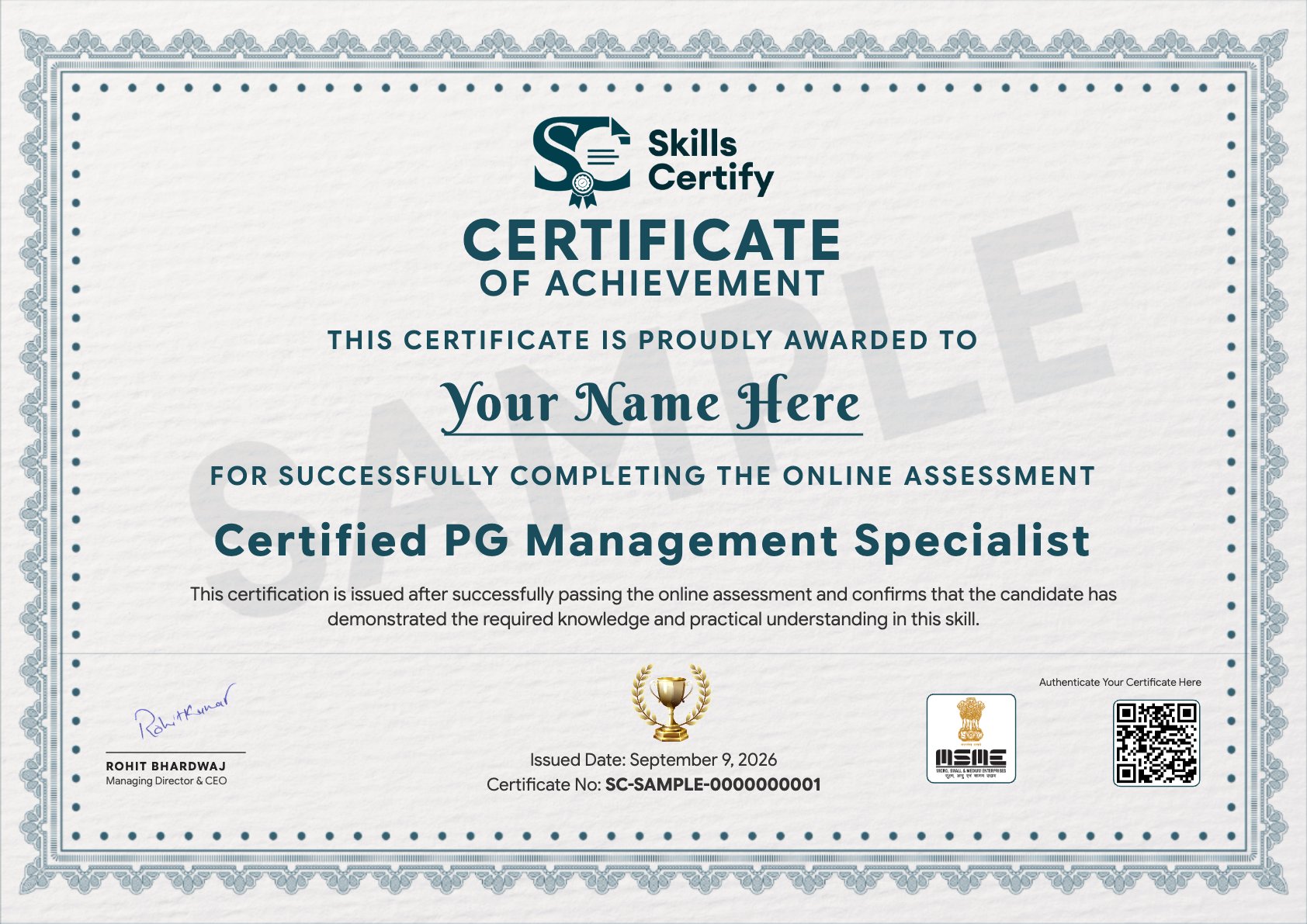 Certified PG Management Specialist Certificate Sample