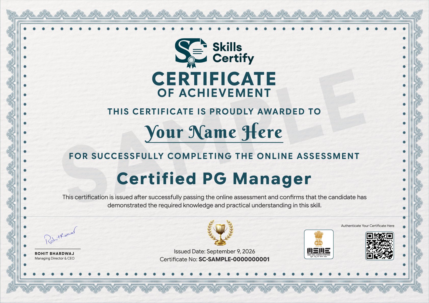 Certified PG Manager Certificate Sample