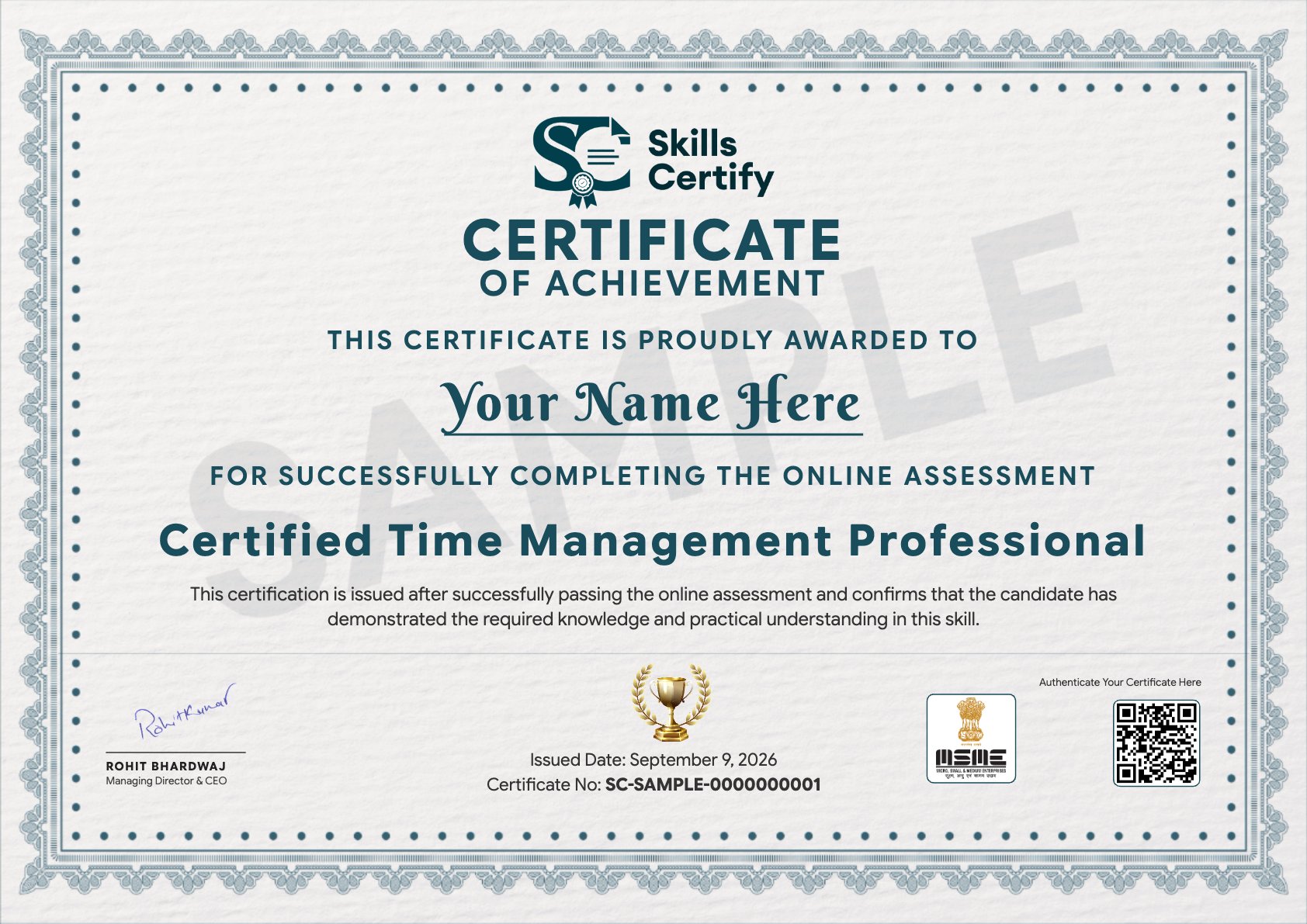 Certified Time Management Professional Certificate Sample