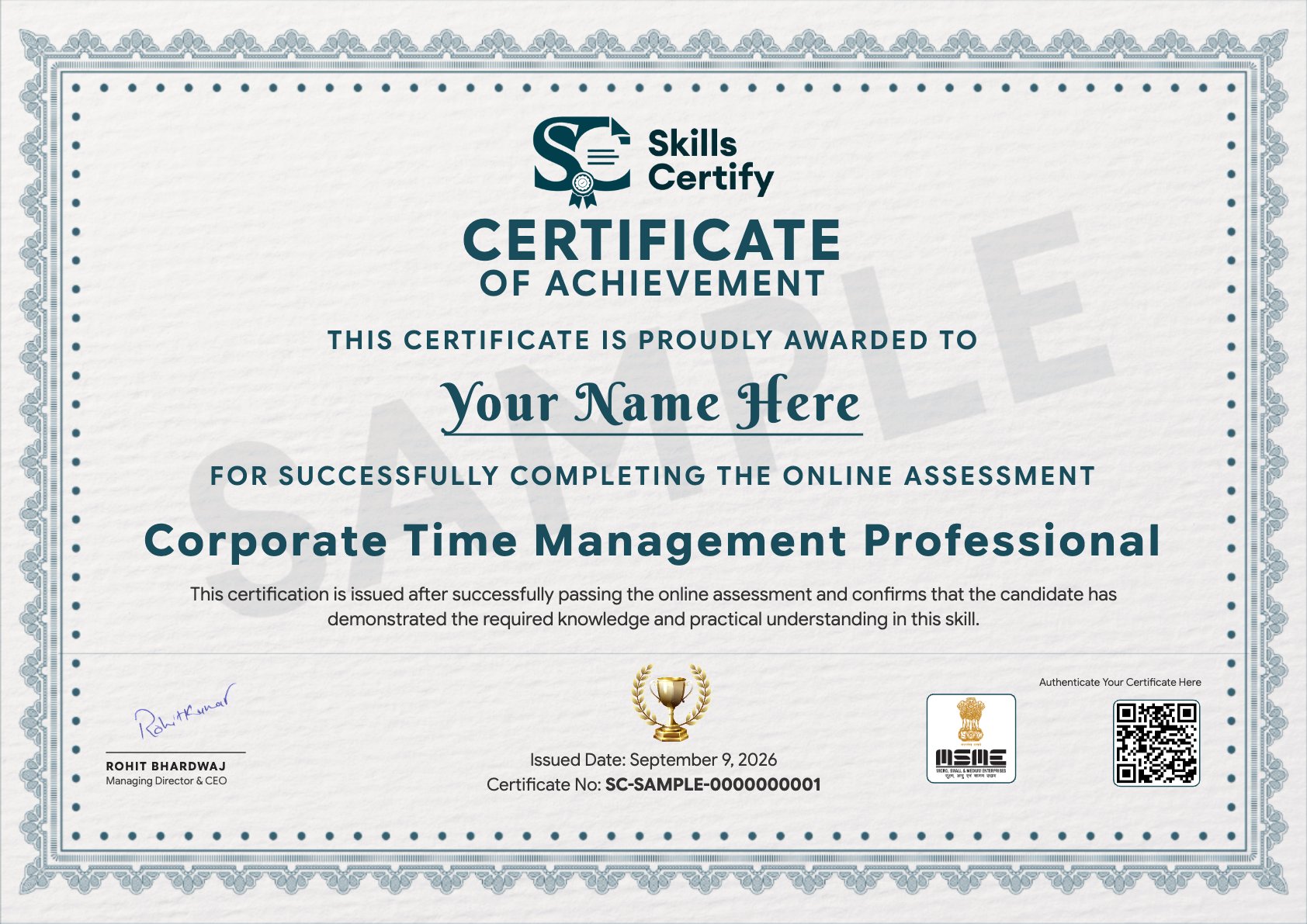 Corporate Time Management Professional Certificate Sample