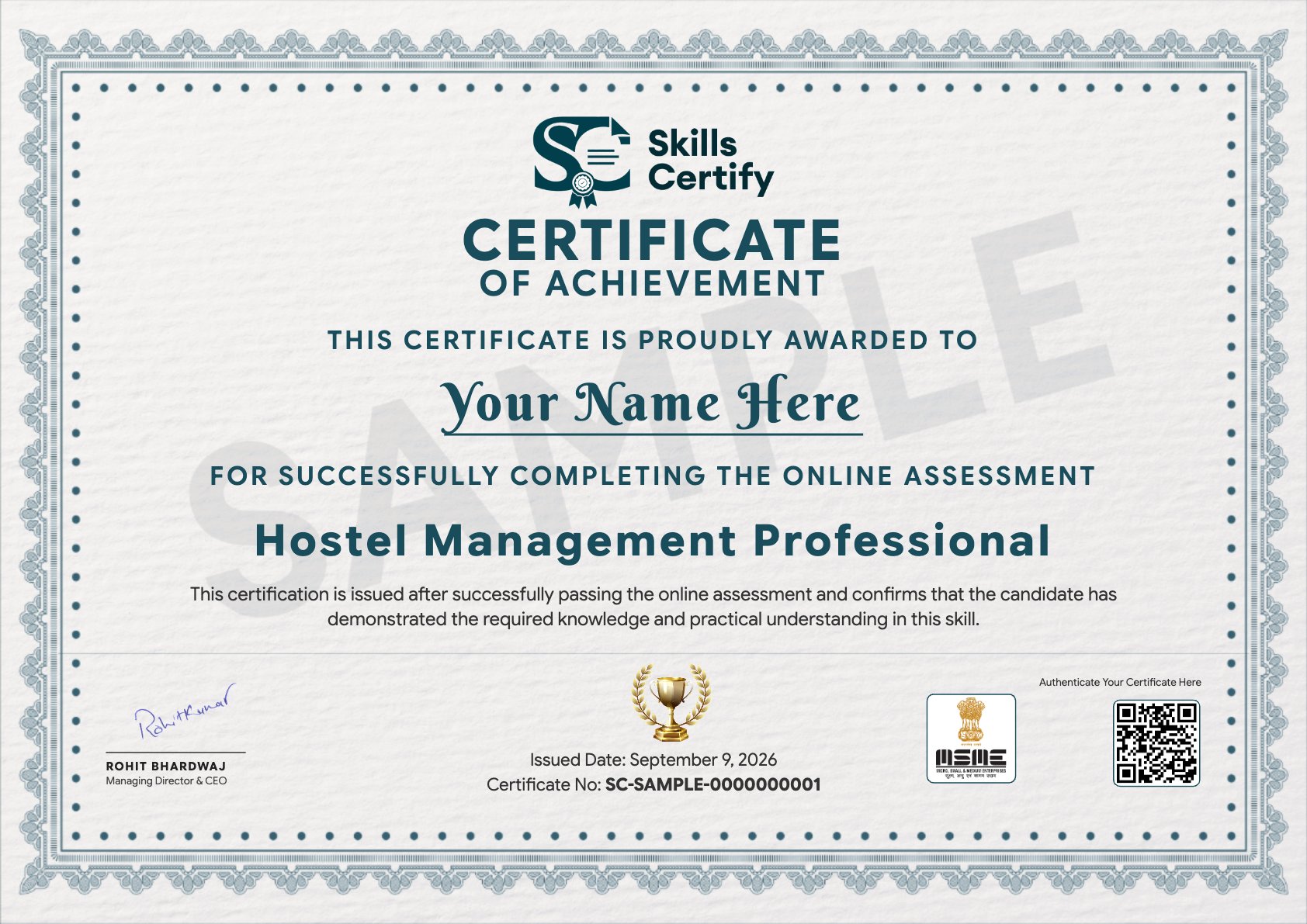 Hostel Management Professional Certificate Sample