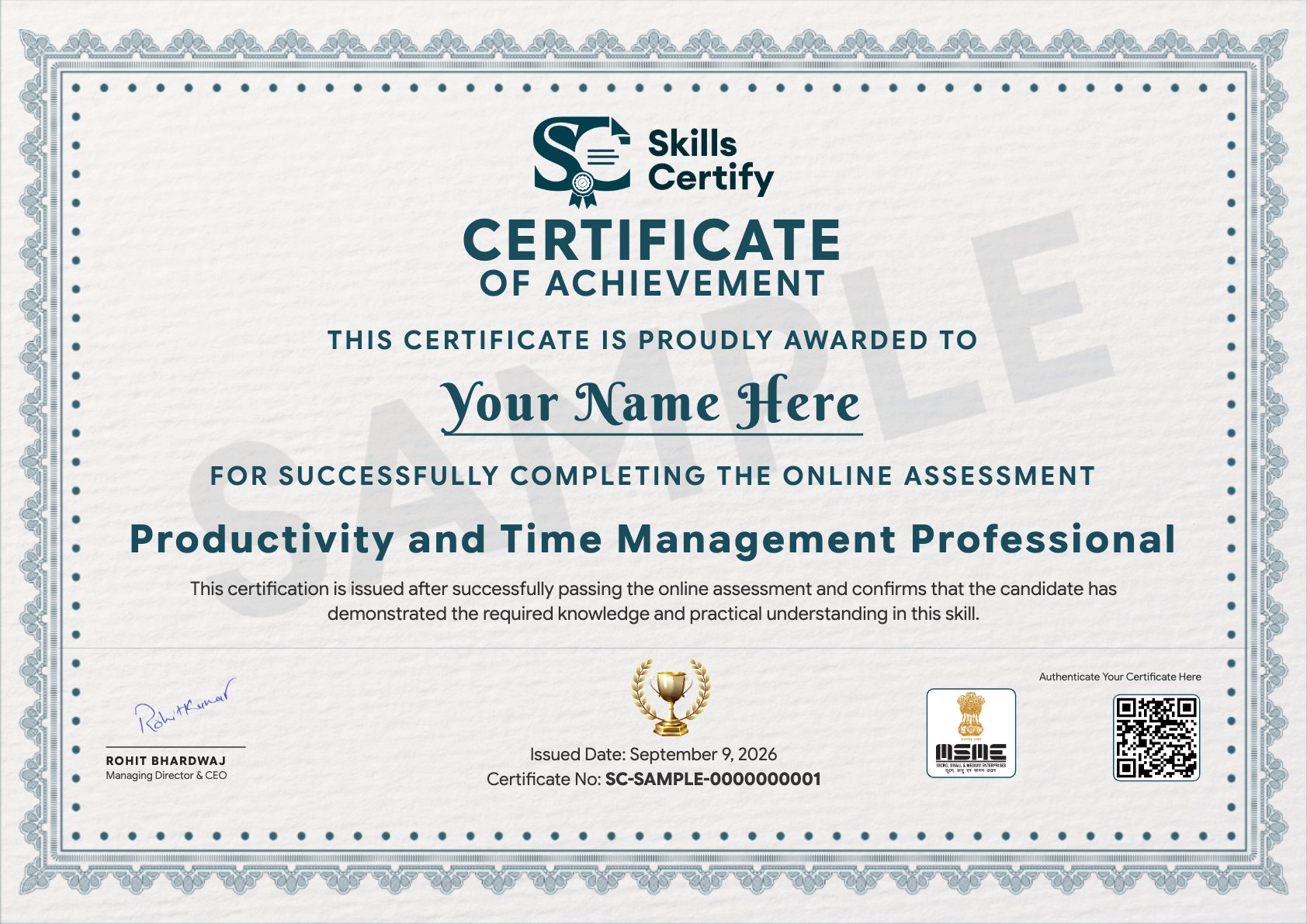 Productivity and Time Management Professional Certificate Sample