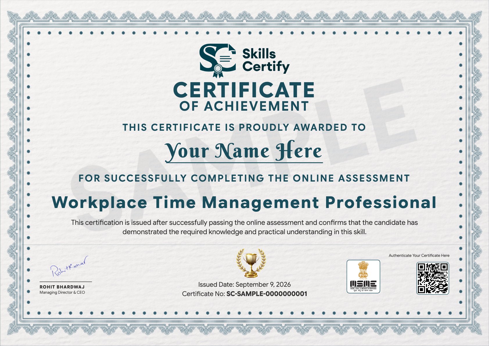 Workplace Time Management Professional Certificate Sample