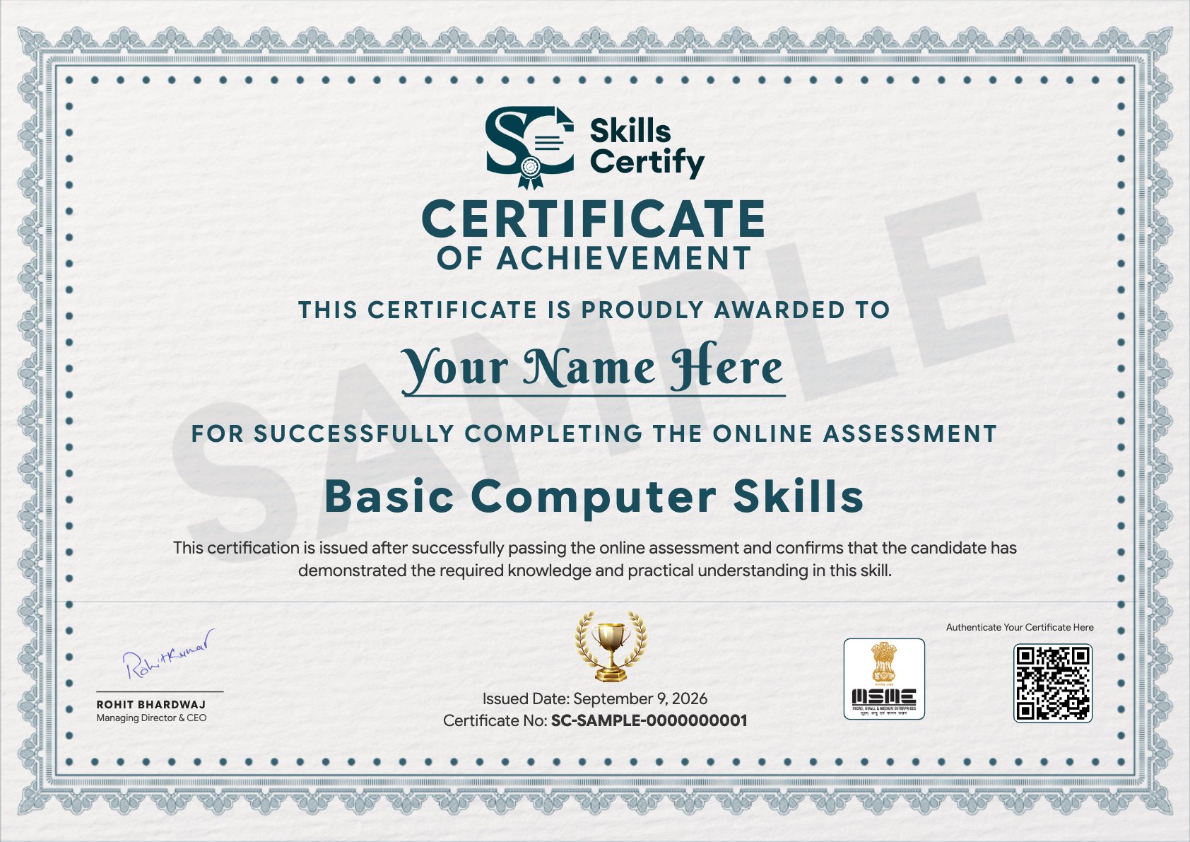Basic Computer Skills Certificate Sample