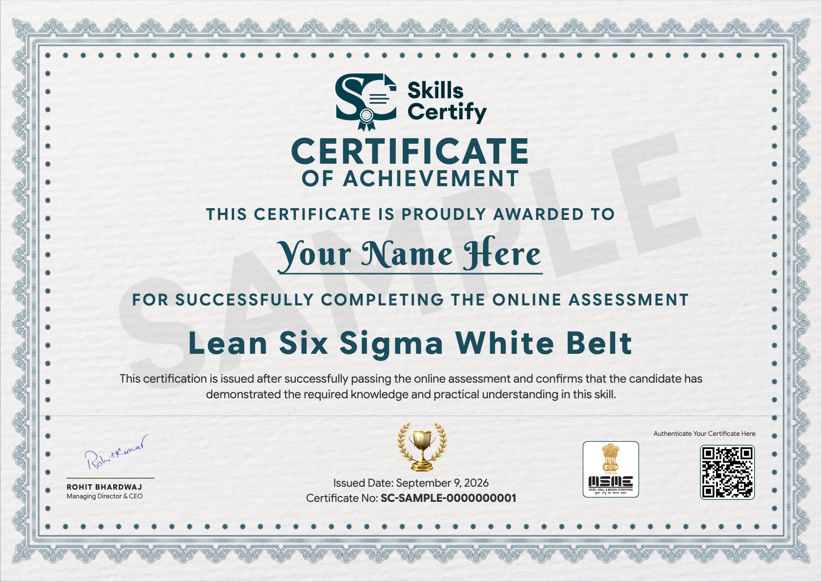 Lean Six Sigma White Belt Certificate Sample