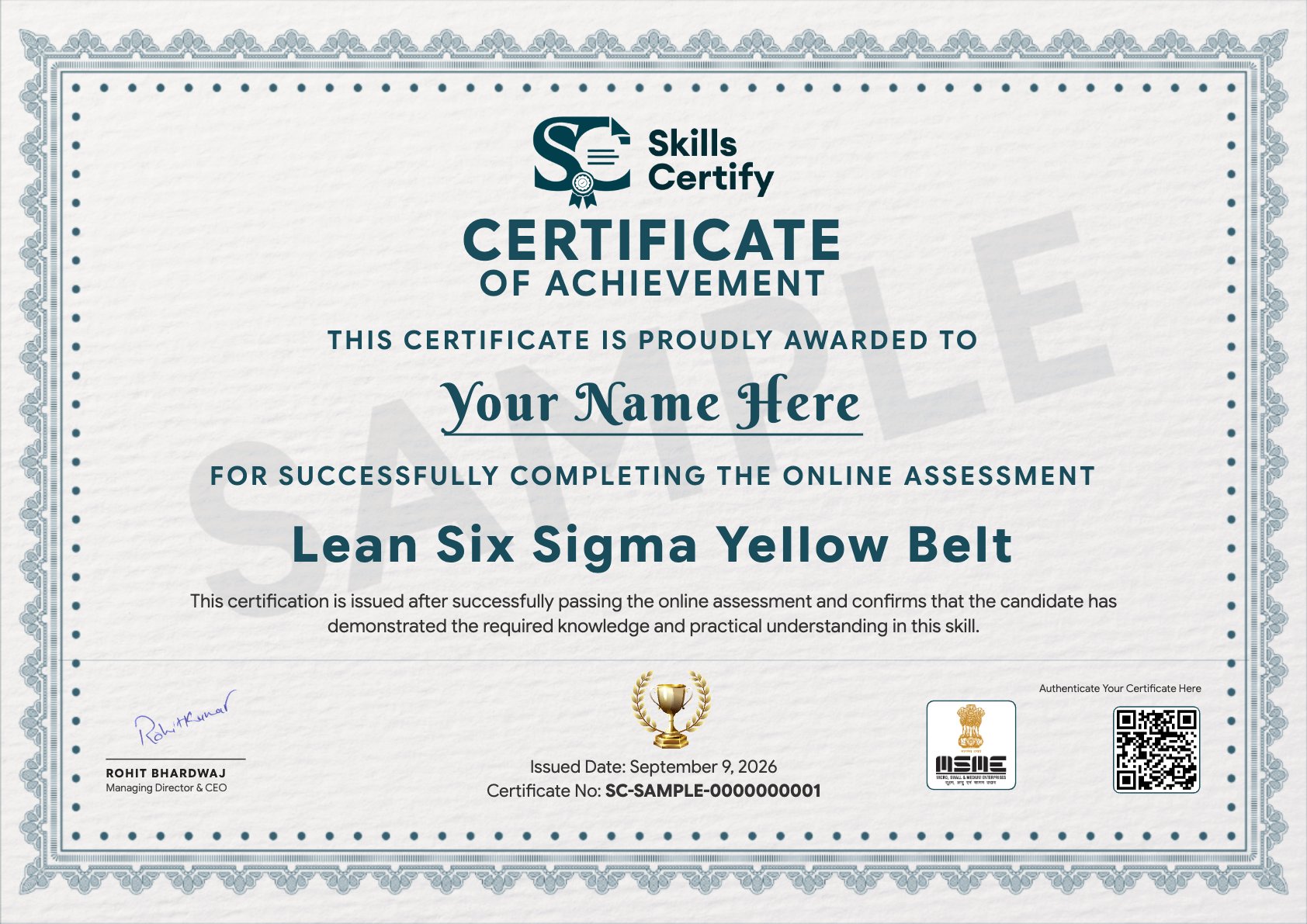 Lean Six Sigma Yellow Belt Certificate Sample