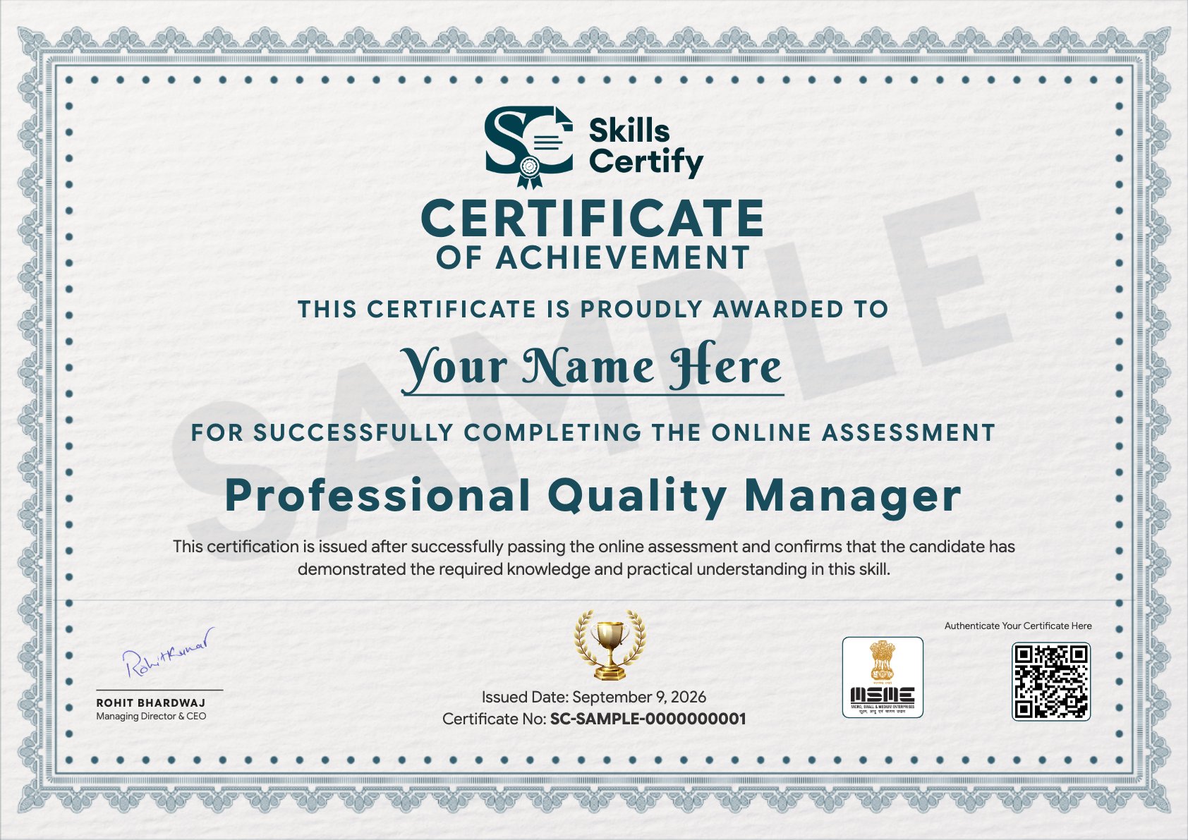Professional Quality Manager Certificate Sample
