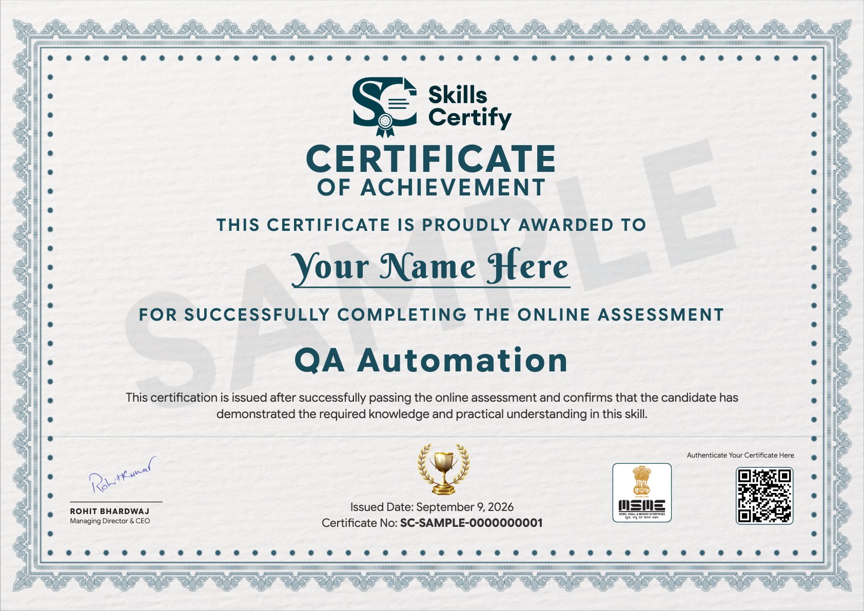 QA Automation Certificate Sample