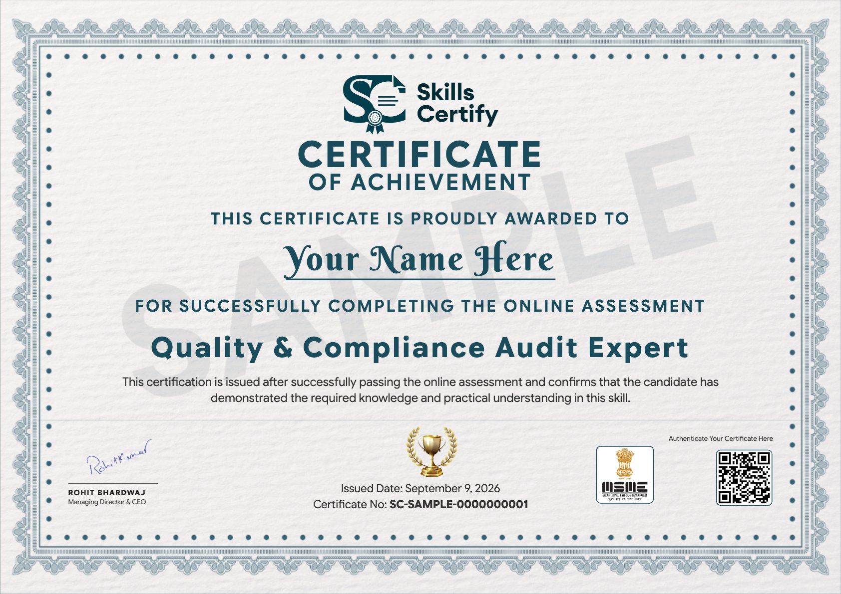 Quality & Compliance Audit Expert Certificate Sample