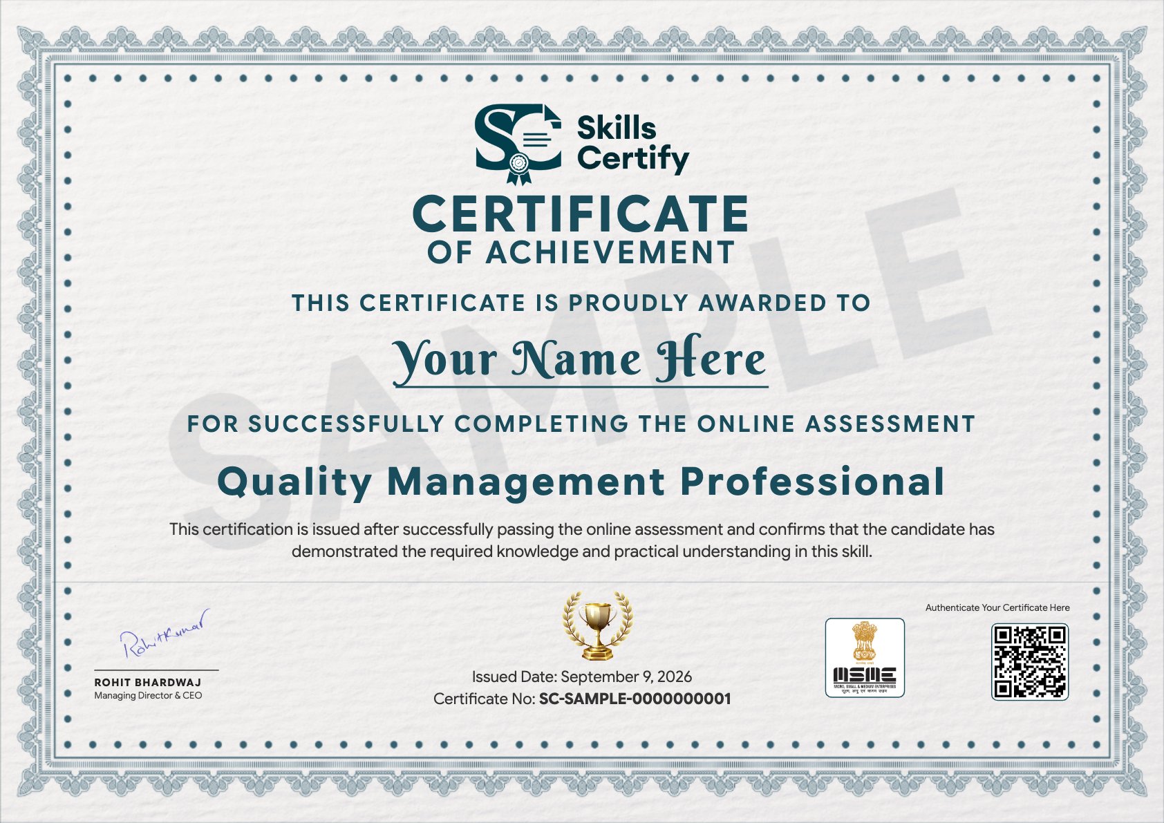 Quality Management Professional Certificate Sample