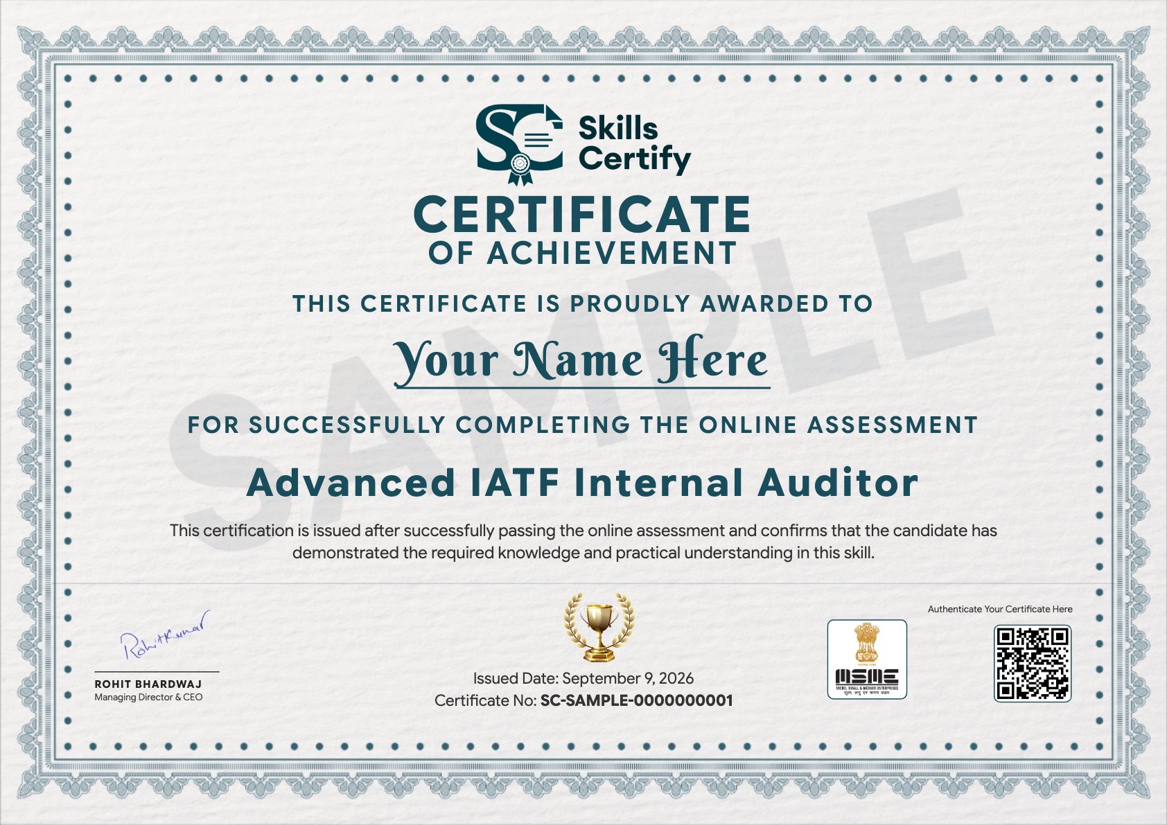 Advanced IATF Internal Auditor Certificate Sample