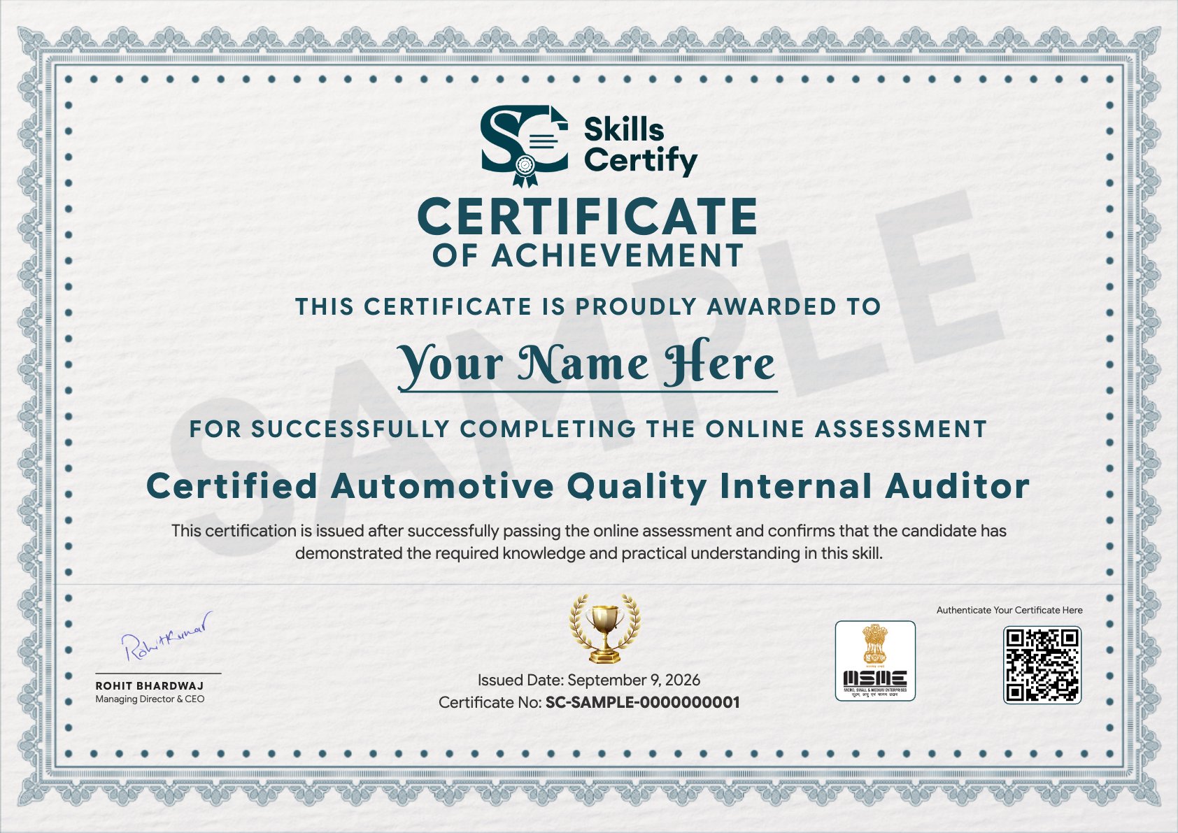 Certified Automotive Quality Internal Auditor Certificate Sample