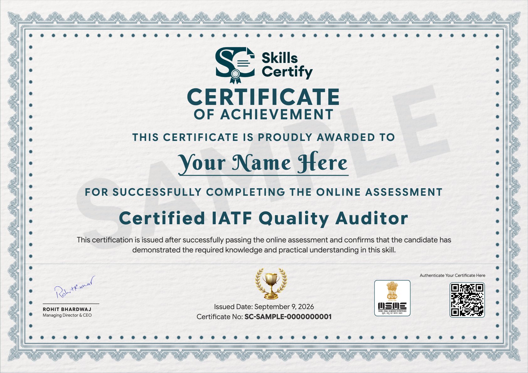 Certified IATF Quality Auditor Certificate Sample