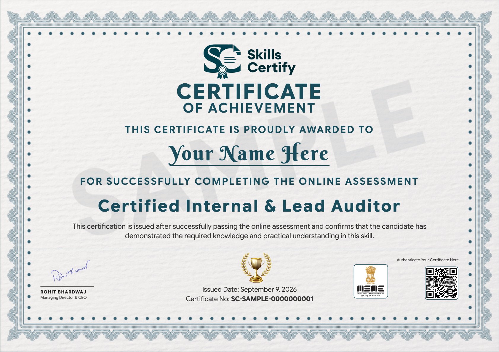 Certified Internal & Lead Auditor Certificate Sample
