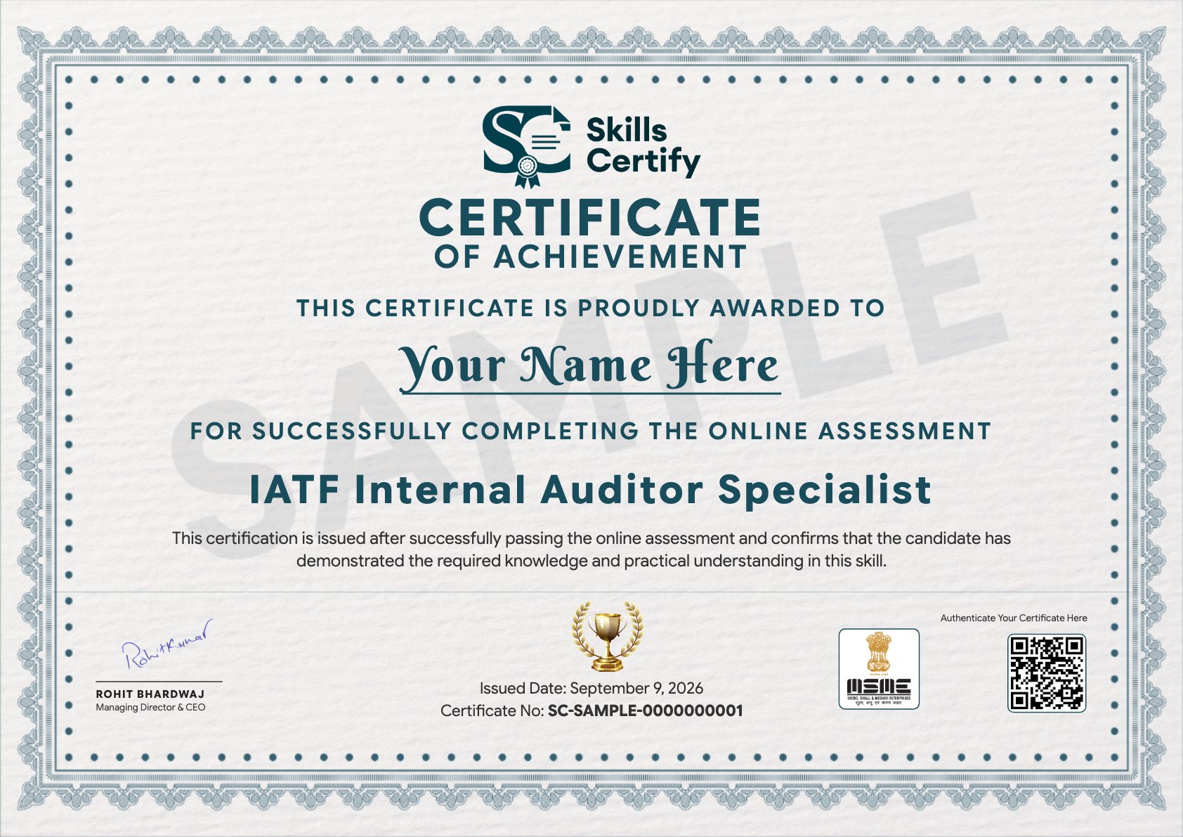 IATF Internal Auditor Specialist Certificate Sample