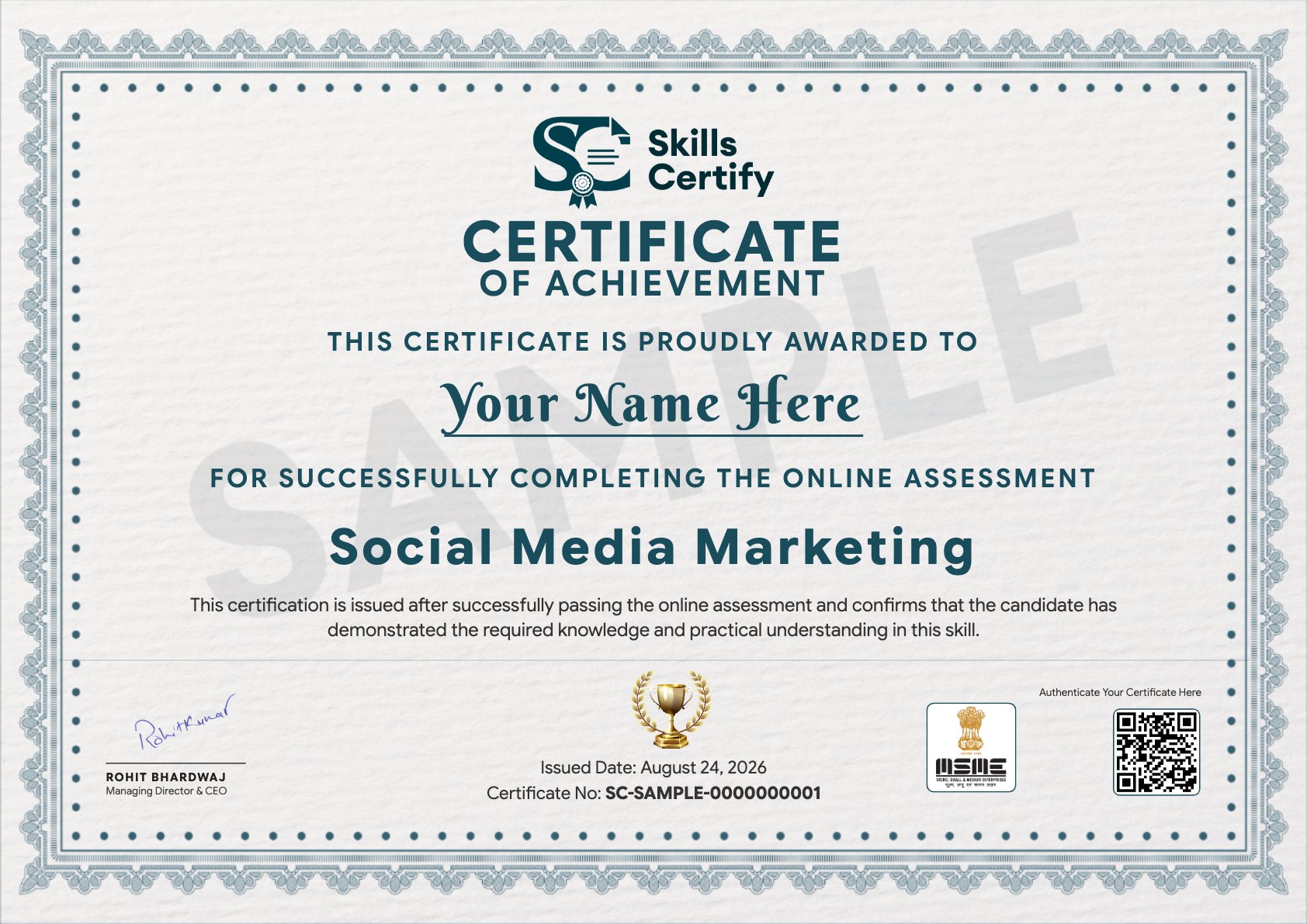 Social Media Marketing Certificate Sample