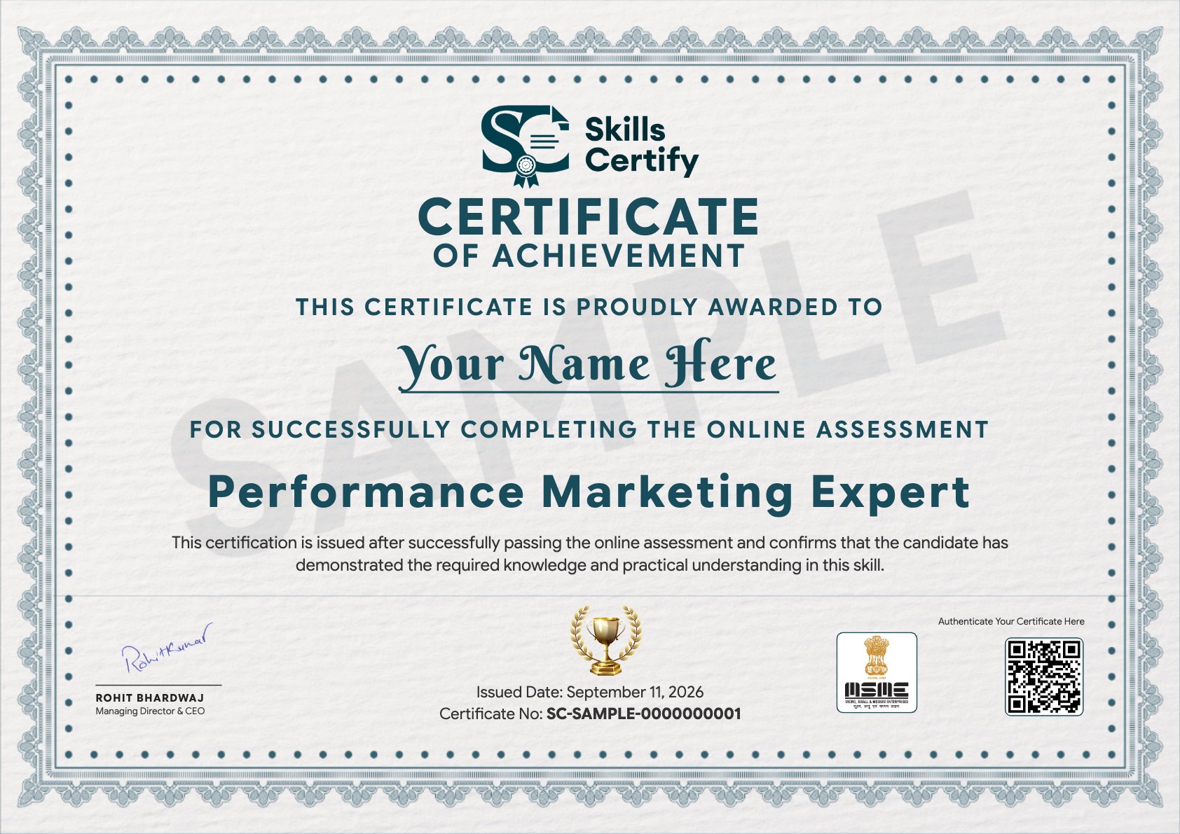 Performance Marketing Expert Certificate Sample