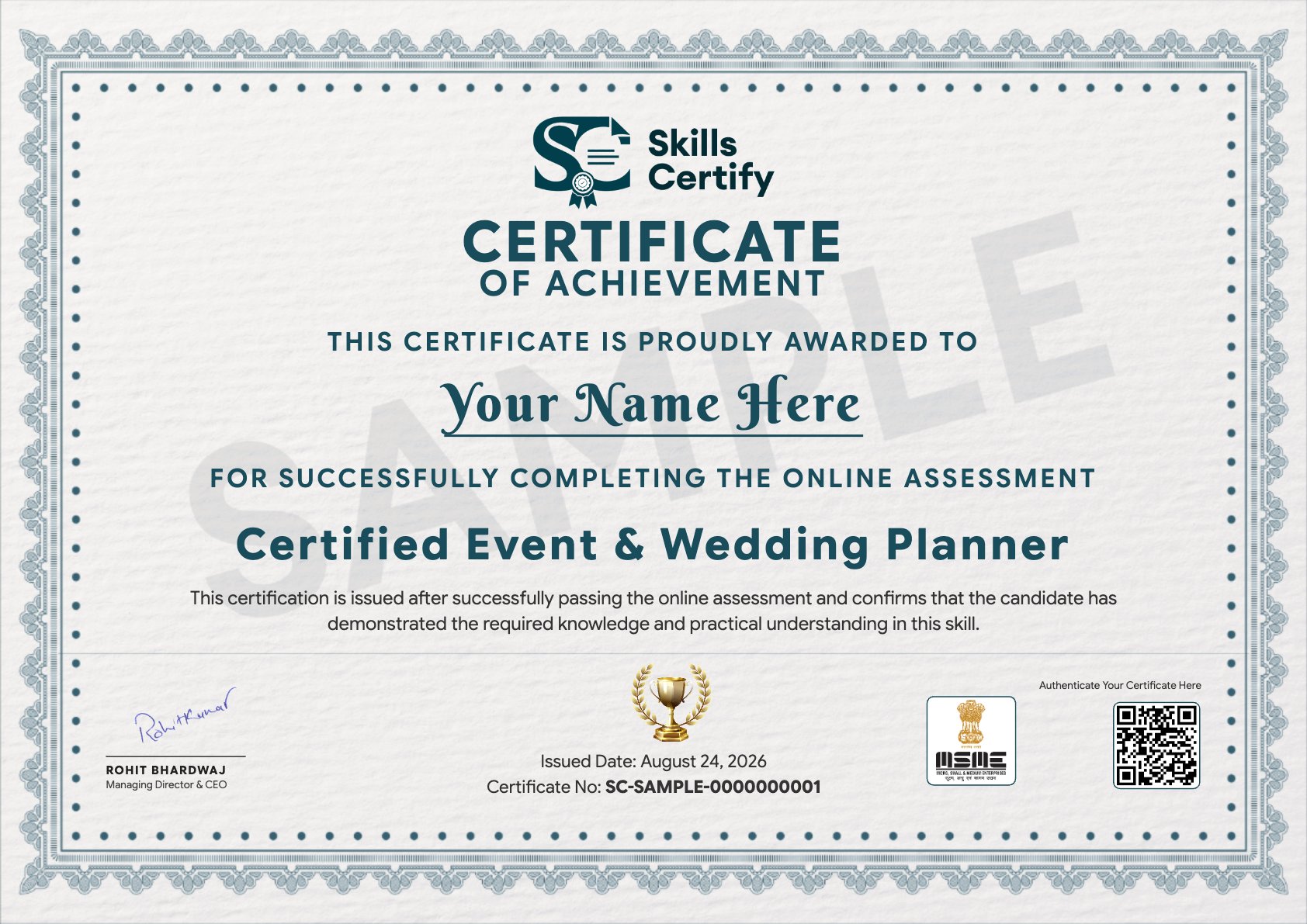 Certified Event & Wedding Planner Certificate Sample